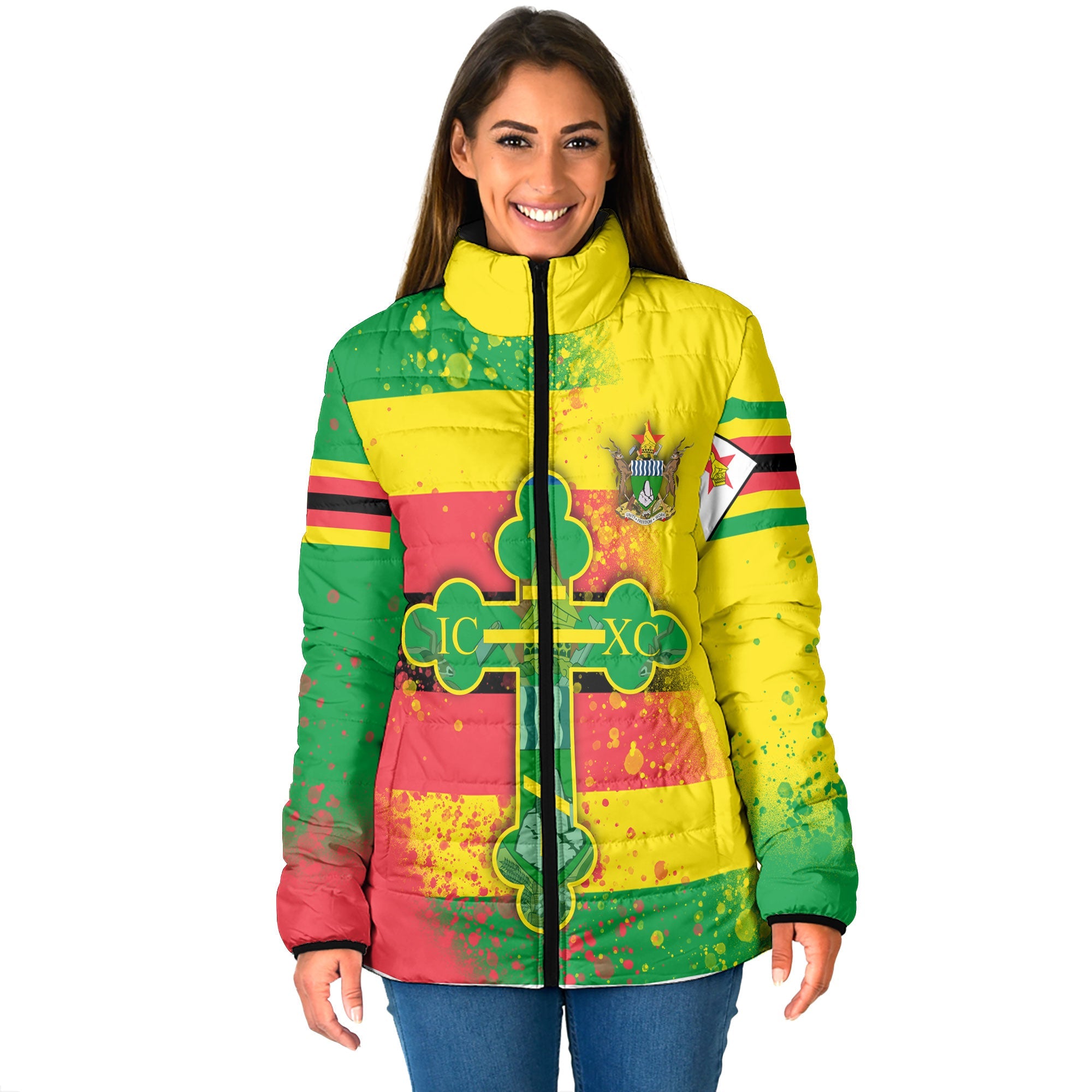 Zimbabwe Women Padded Jacket Flag & Coat Of Arms Orthodox Style