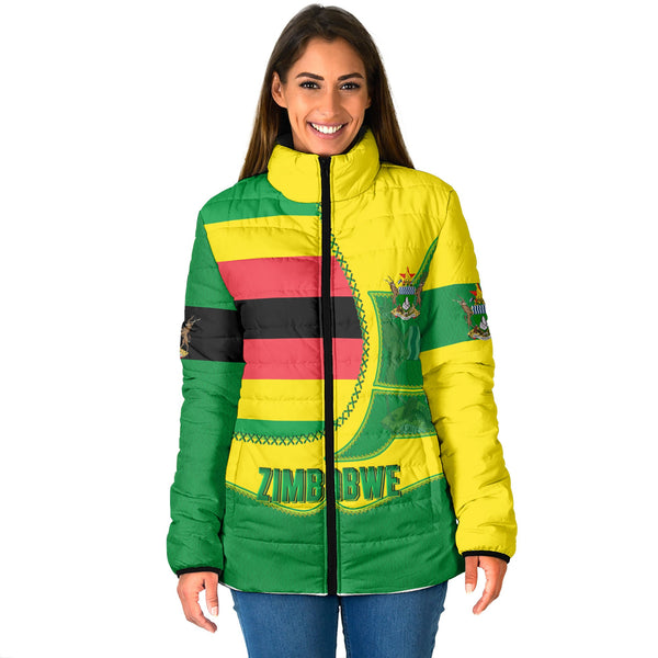 Zimbabwe Women Padded Jacket Flag & Coat Of Arms Leather Style