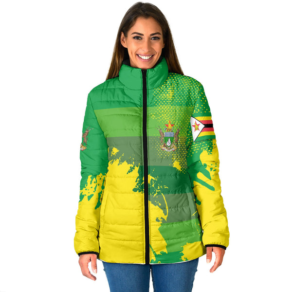 Zimbabwe Women Padded Jacket Flag & Coat Of Arms Paint Style