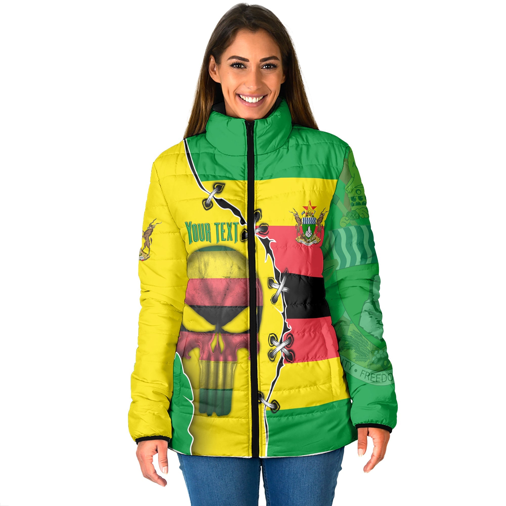 Zimbabwe Women Padded Jacket Flag & Coat Of Arms Skull Style