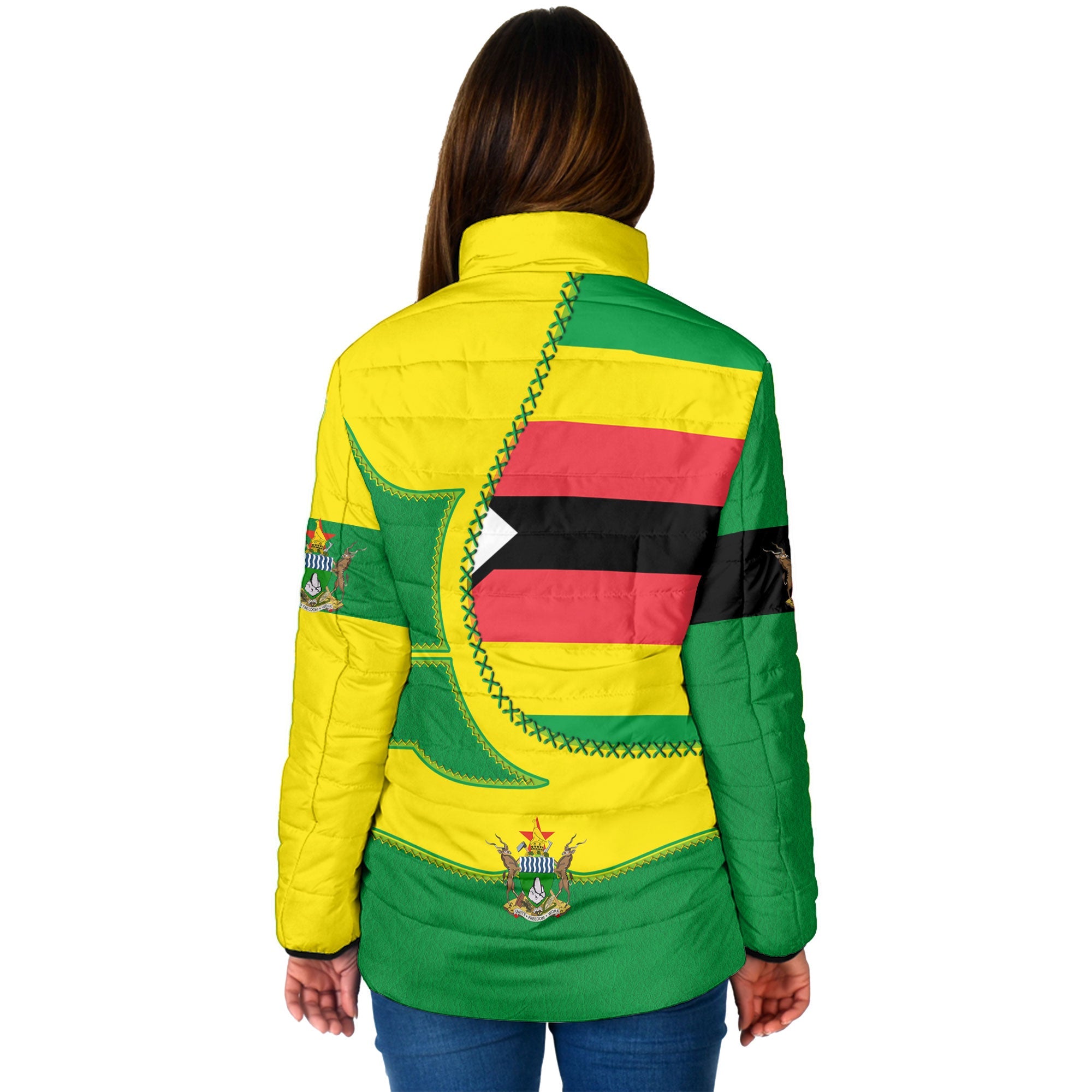 Zimbabwe Women Padded Jacket Flag & Coat Of Arms Leather Style