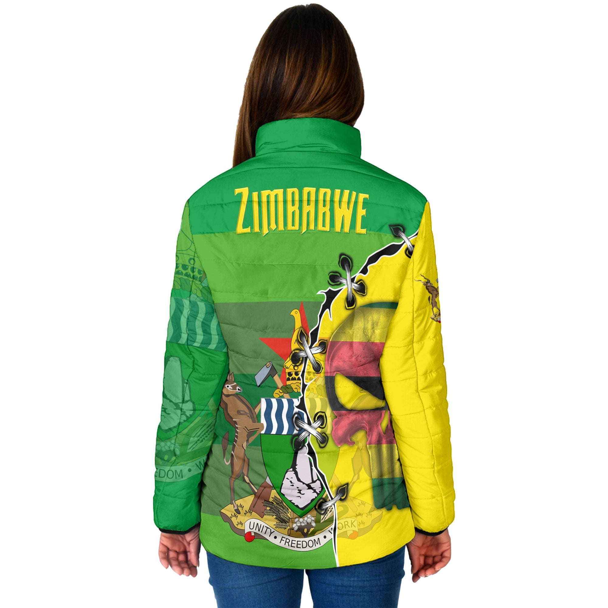 Zimbabwe Women Padded Jacket Flag & Coat Of Arms Skull Style