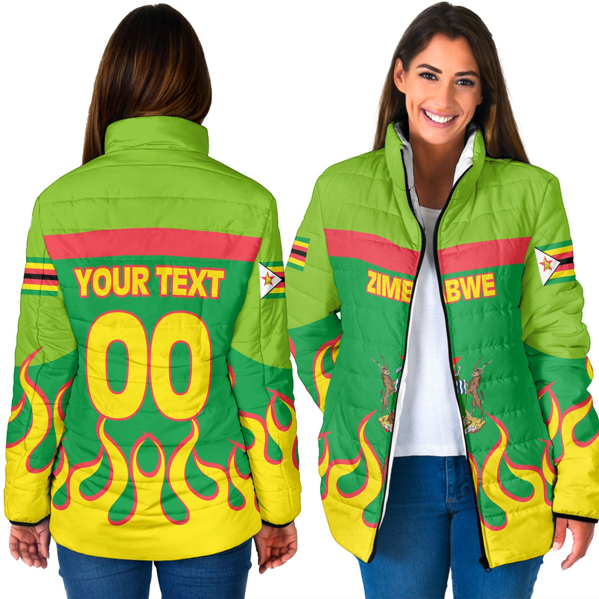 Zimbabwe Women Padded Jacket Flag & Coat Of Arms Fire Hockey Style