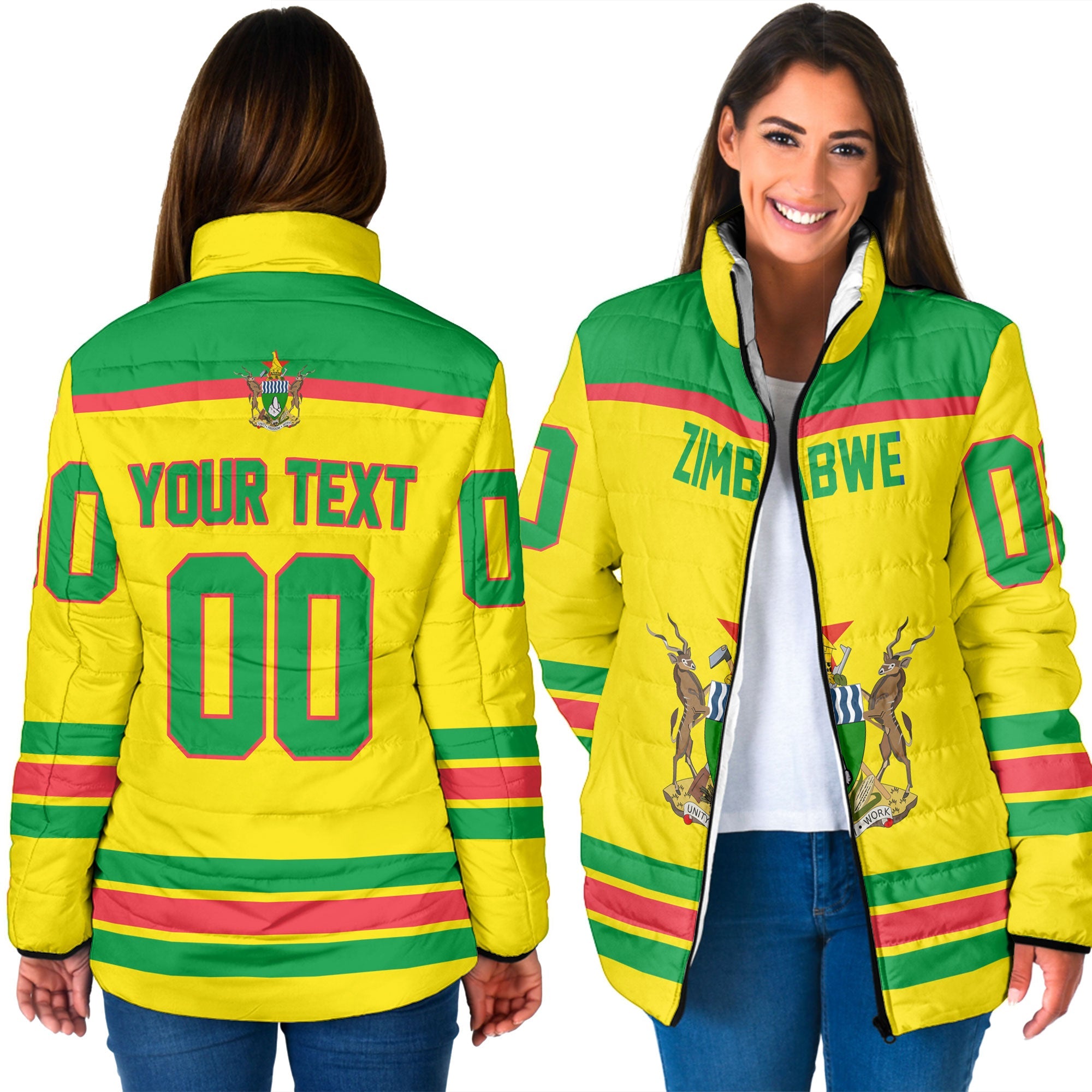 Zimbabwe Women Padded Jacket Flag & Coat Of Arms Hockey Style