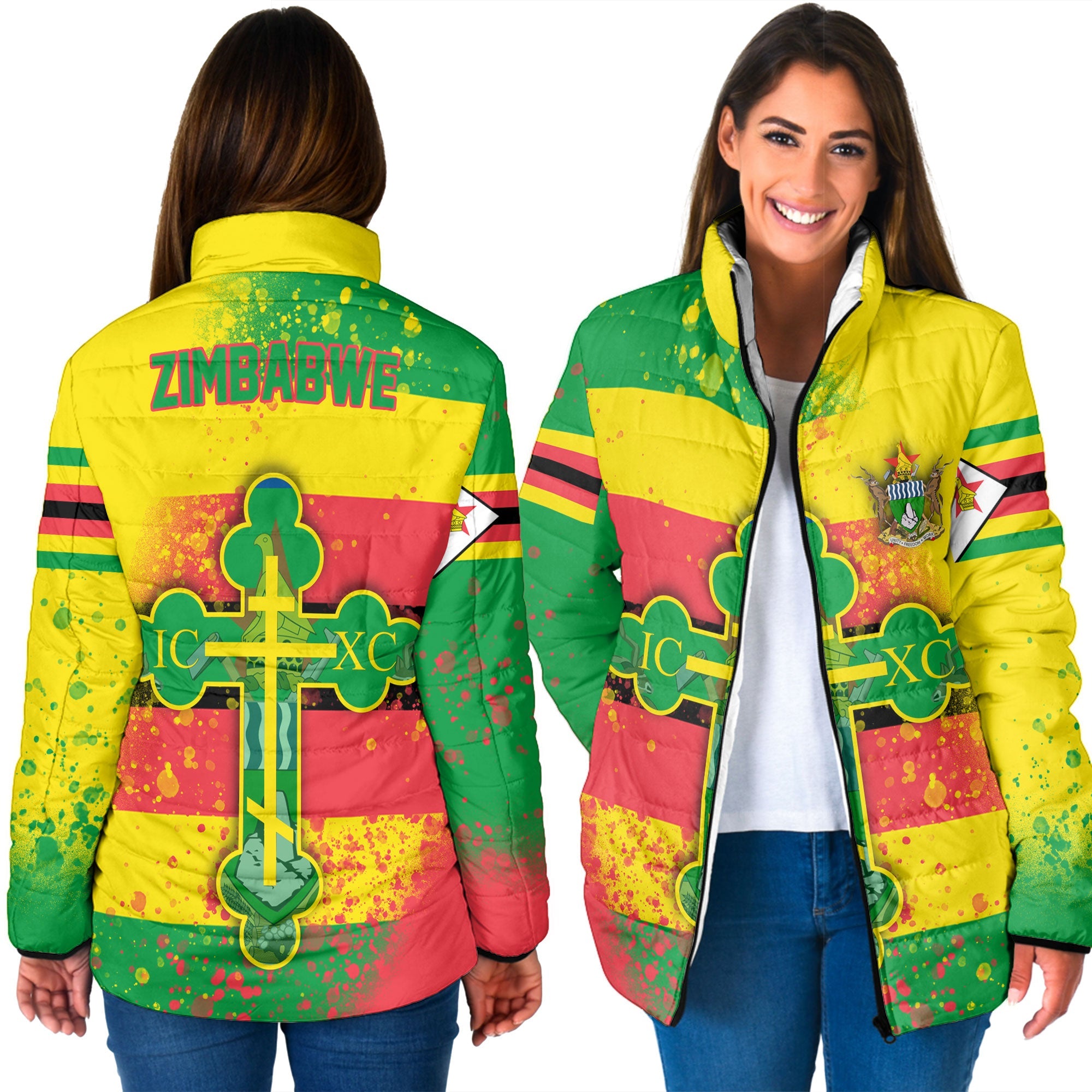 Zimbabwe Women Padded Jacket Flag & Coat Of Arms Orthodox Style