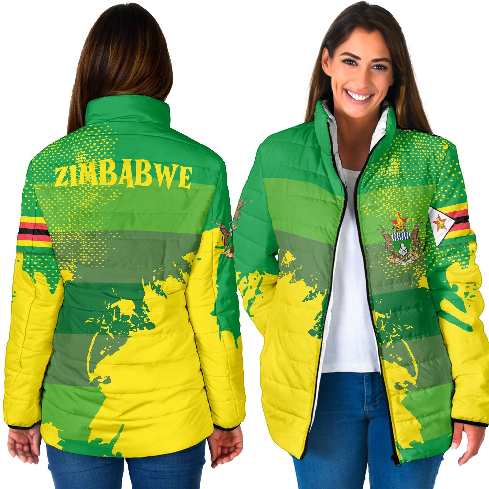 Zimbabwe Women Padded Jacket Flag & Coat Of Arms Paint Style