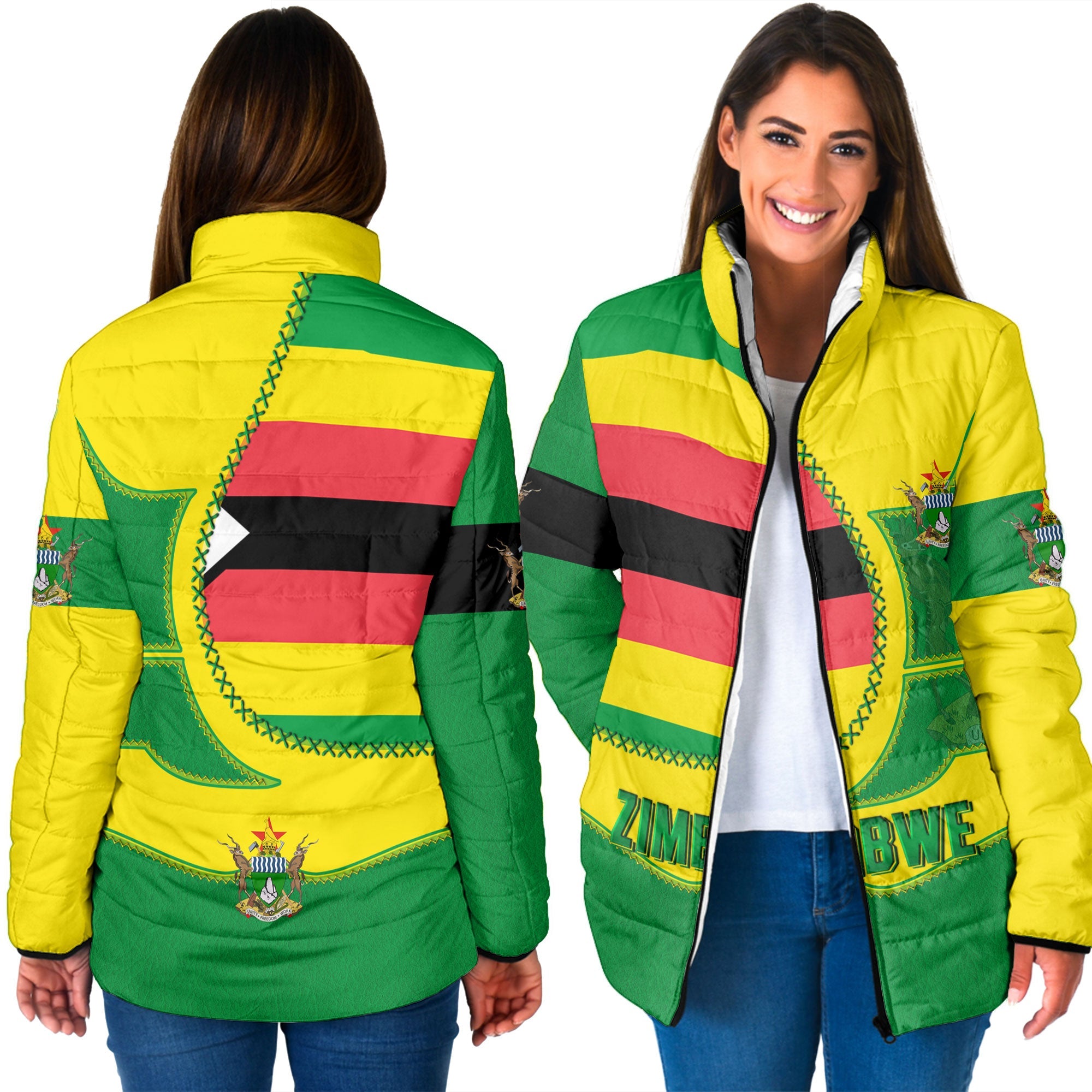 Zimbabwe Women Padded Jacket Flag & Coat Of Arms Leather Style