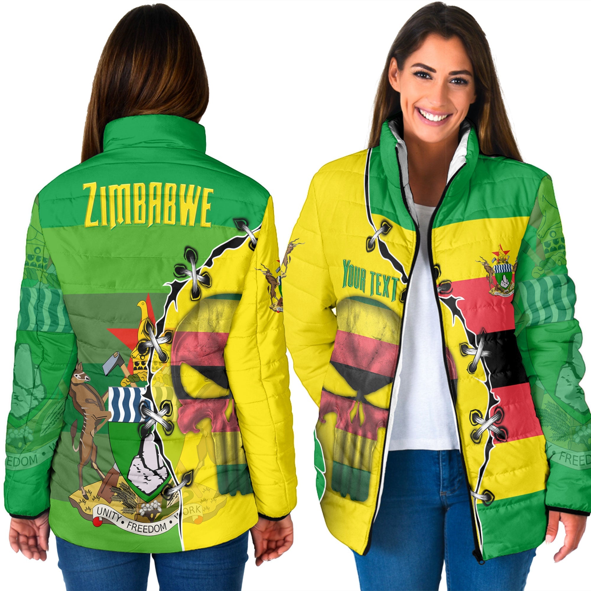 Zimbabwe Women Padded Jacket Flag & Coat Of Arms Skull Style