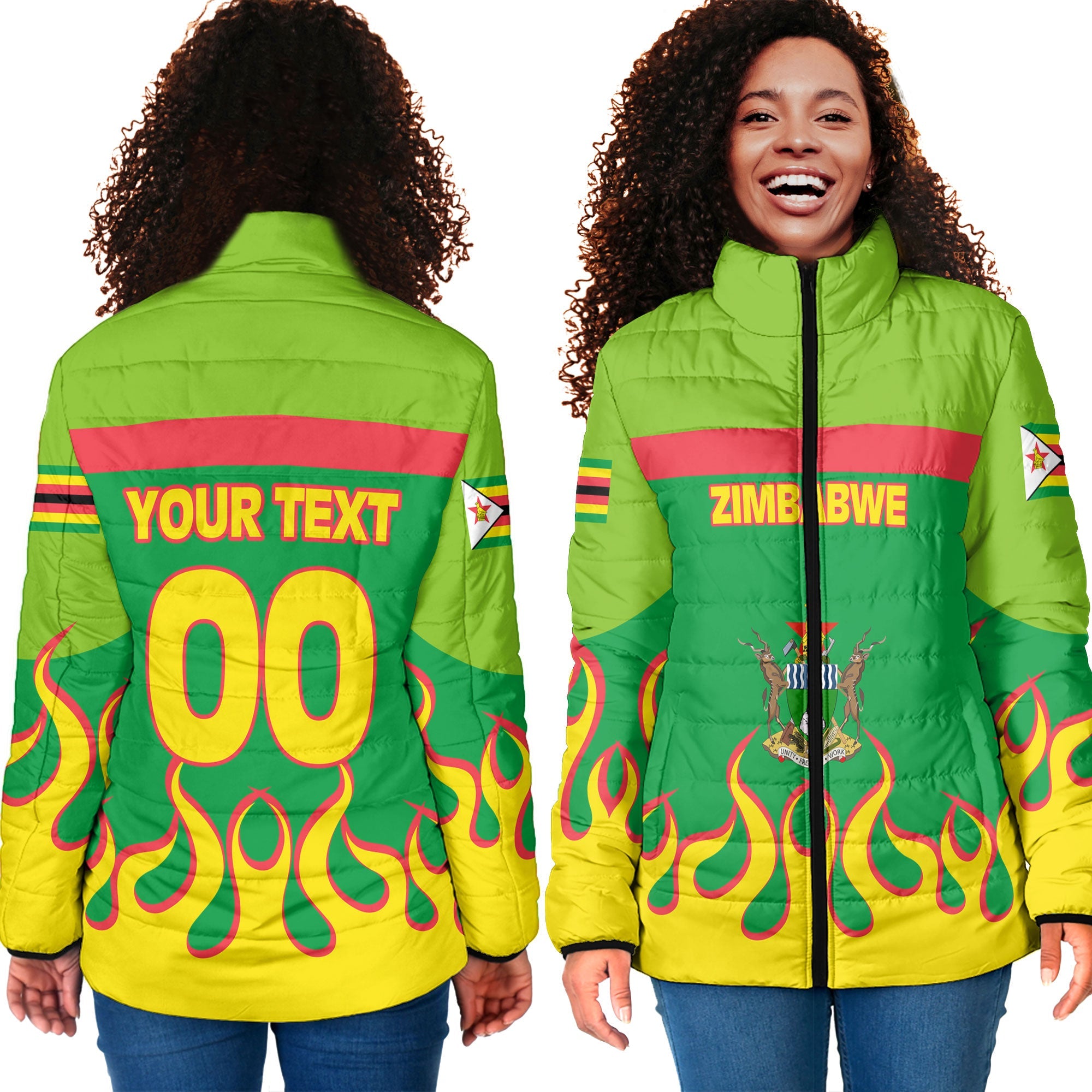 Zimbabwe Women Padded Jacket Flag & Coat Of Arms Fire Hockey Style