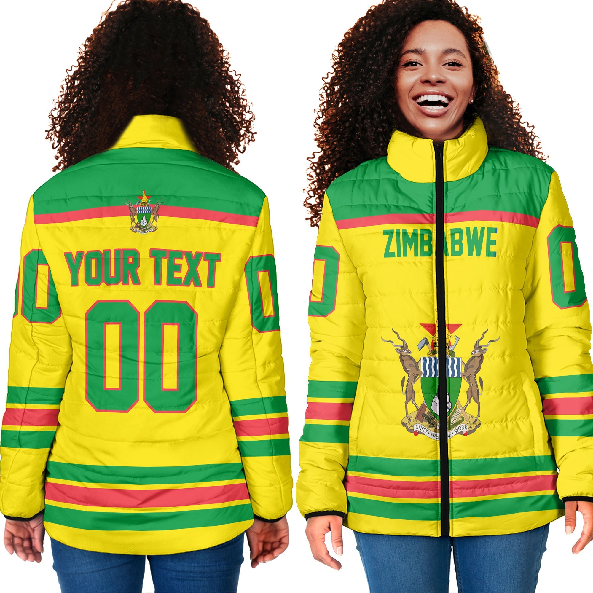 Zimbabwe Women Padded Jacket Flag & Coat Of Arms Hockey Style