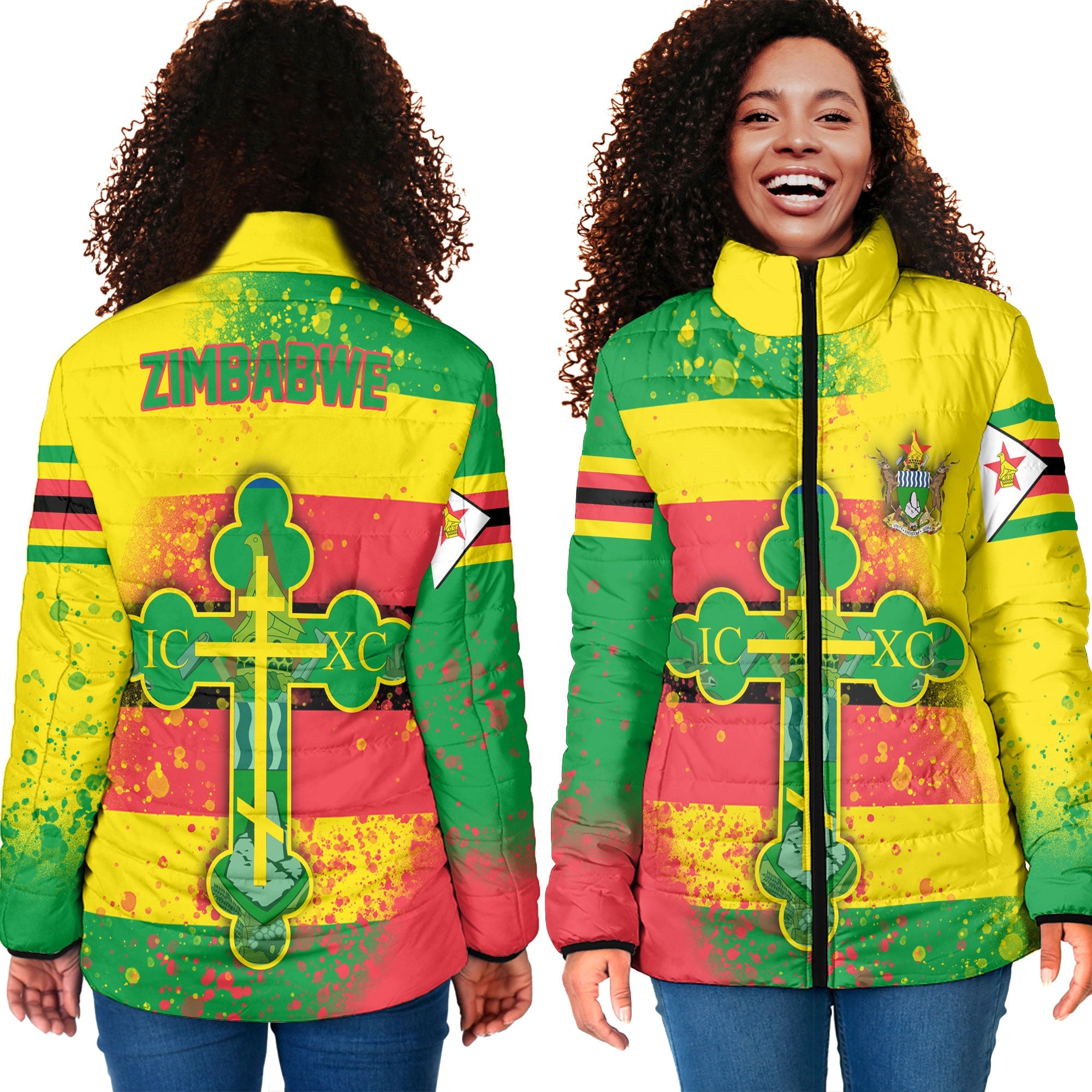 Zimbabwe Women Padded Jacket Flag & Coat Of Arms Orthodox Style