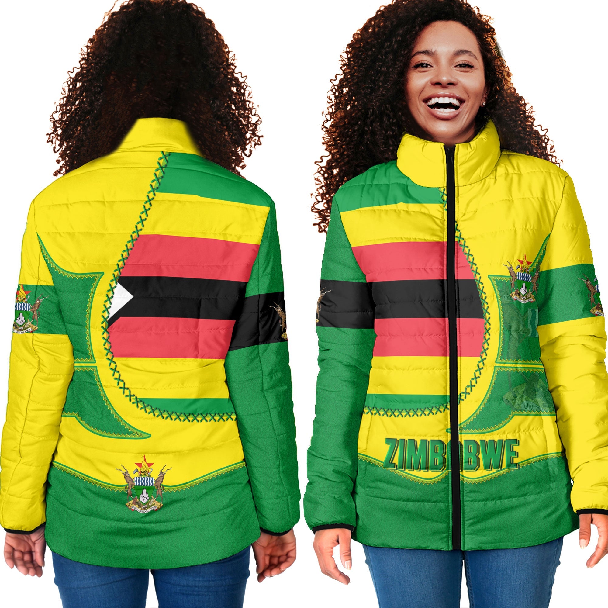 Zimbabwe Women Padded Jacket Flag & Coat Of Arms Leather Style