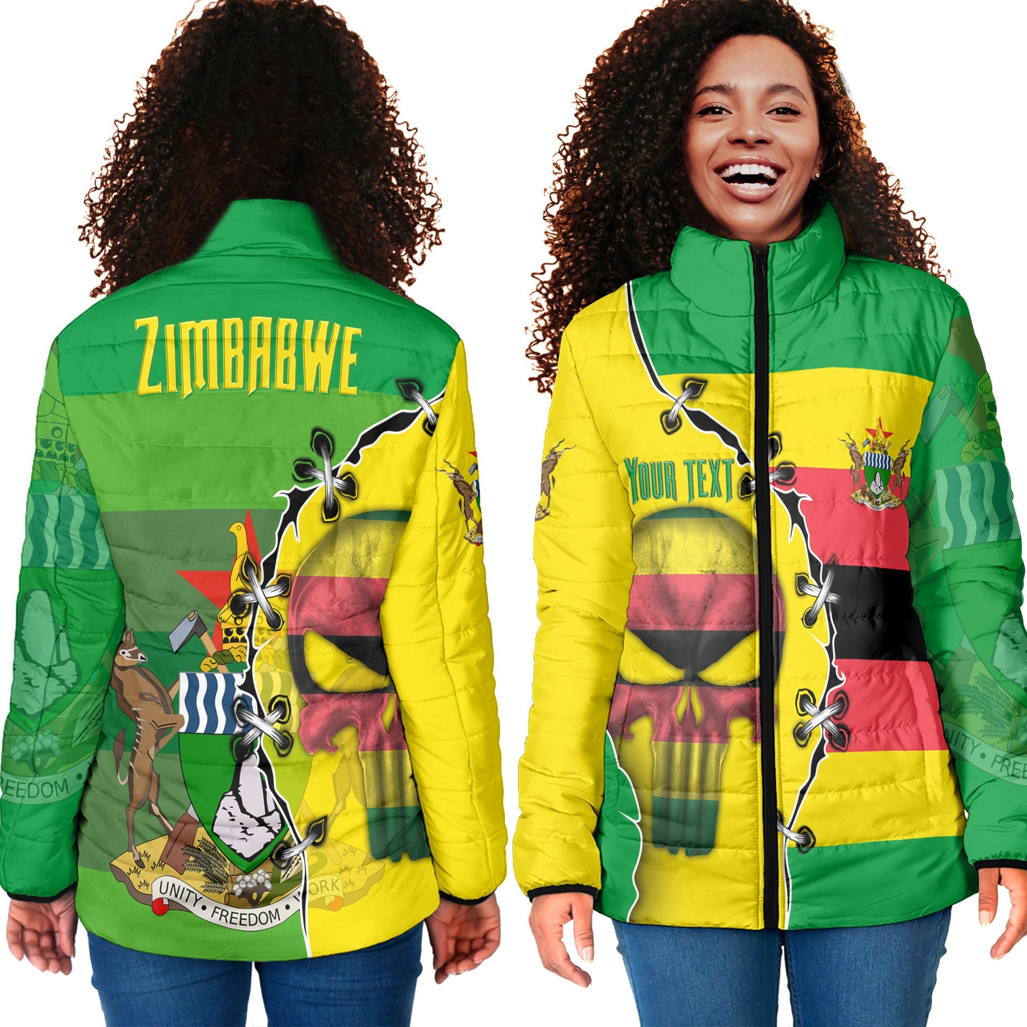 Zimbabwe Women Padded Jacket Flag & Coat Of Arms Skull Style