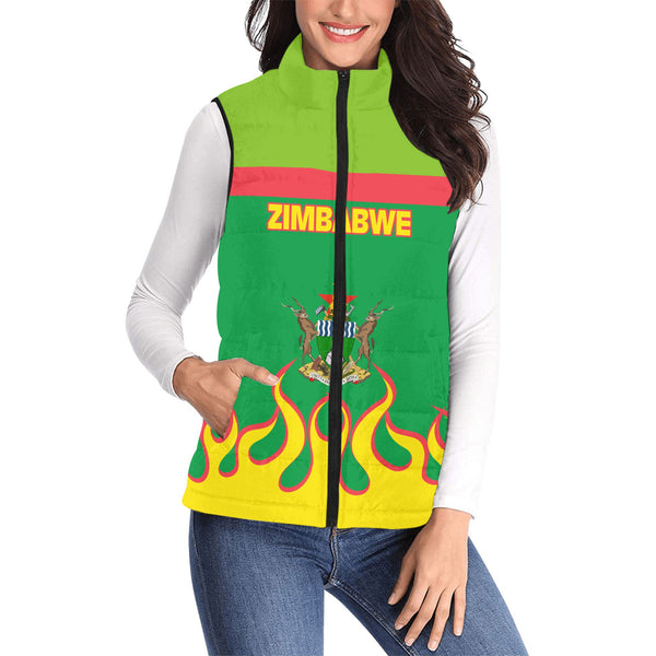 Zimbabwe Women Padded Jacket Vest Flag & Coat Of Arms Fire Hockey Style