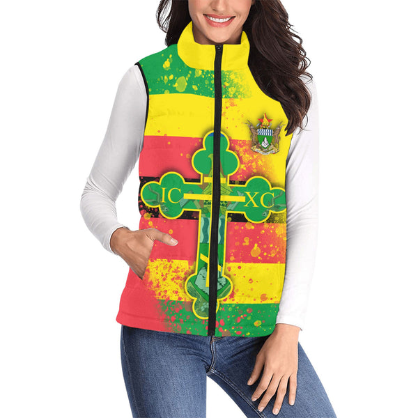 Zimbabwe Women Padded Jacket Vest Flag & Coat Of Arms Orthodox Style