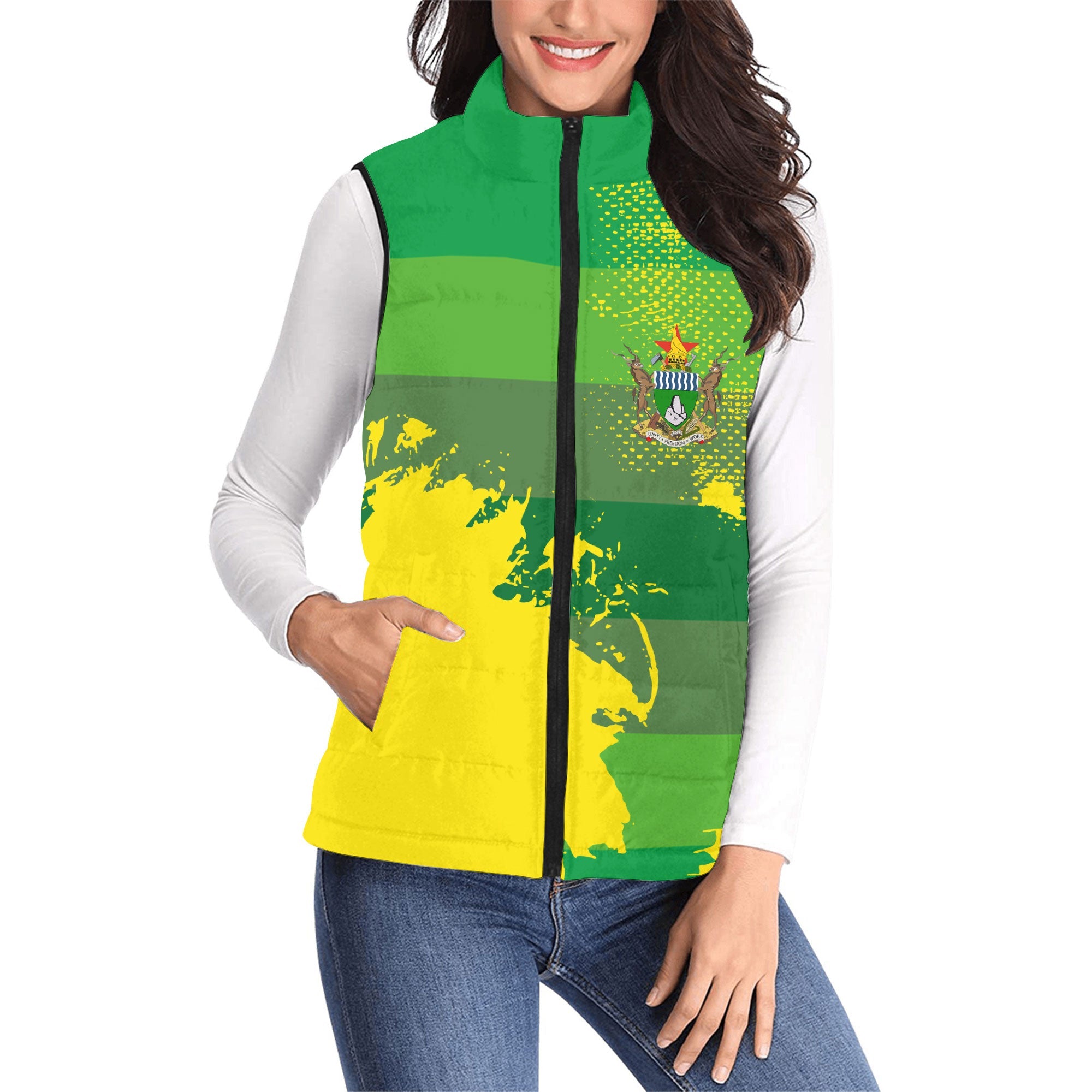 Zimbabwe Women Padded Jacket Vest Flag & Coat Of Arms Paint Style