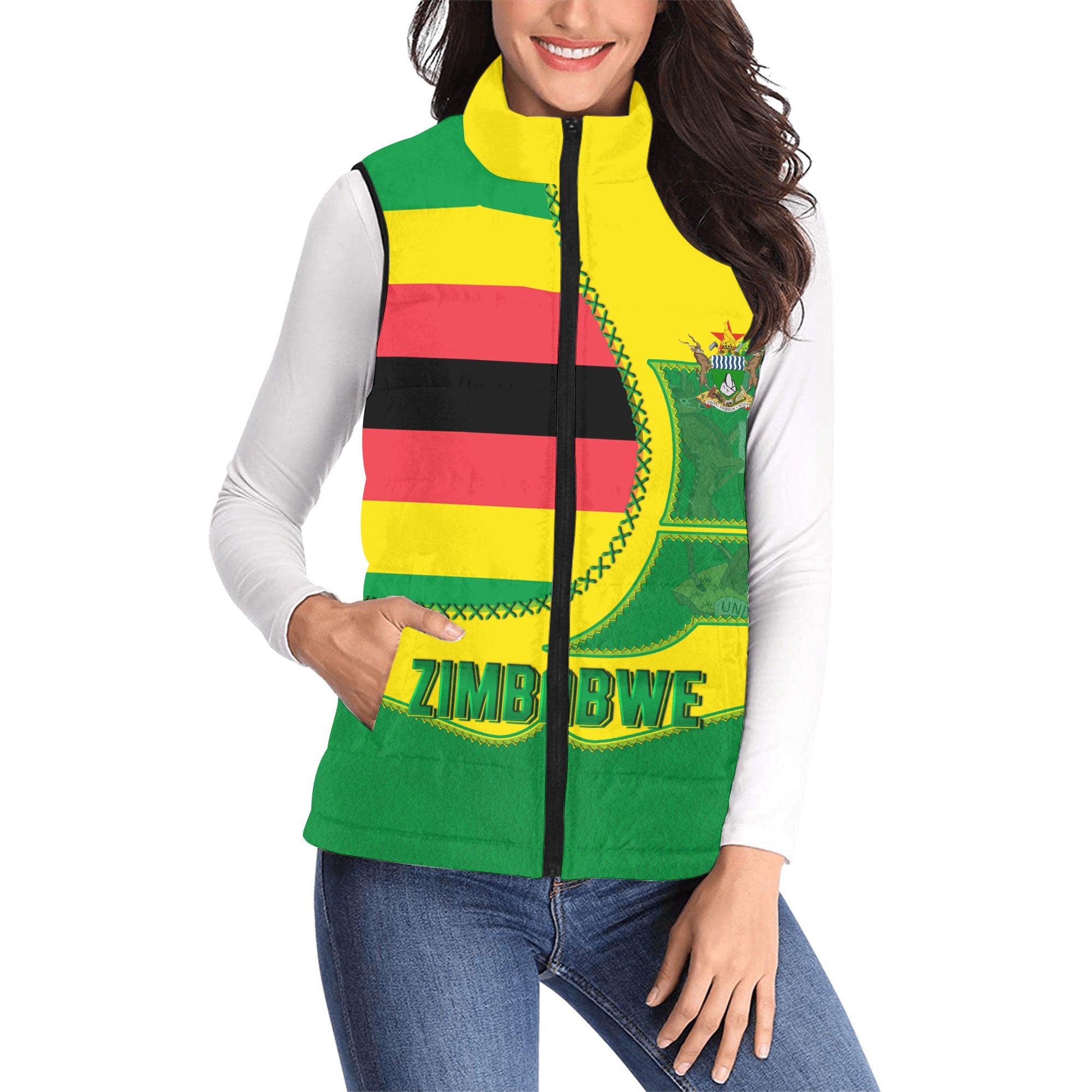 Zimbabwe Women Padded Jacket Vest Flag & Coat Of Arms Leather Style