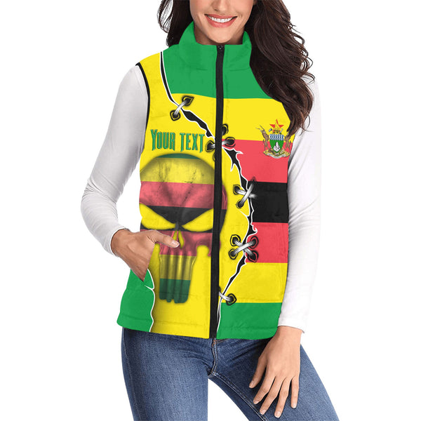 Zimbabwe Women Padded Jacket Vest Flag & Coat Of Arms Skull Style