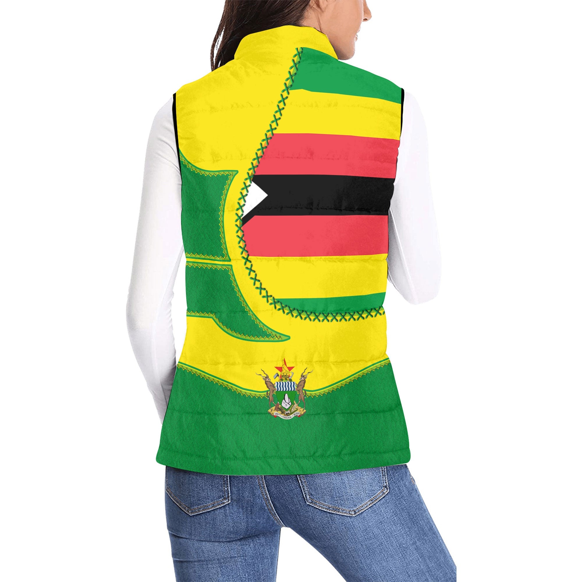 Zimbabwe Women Padded Jacket Vest Flag & Coat Of Arms Leather Style