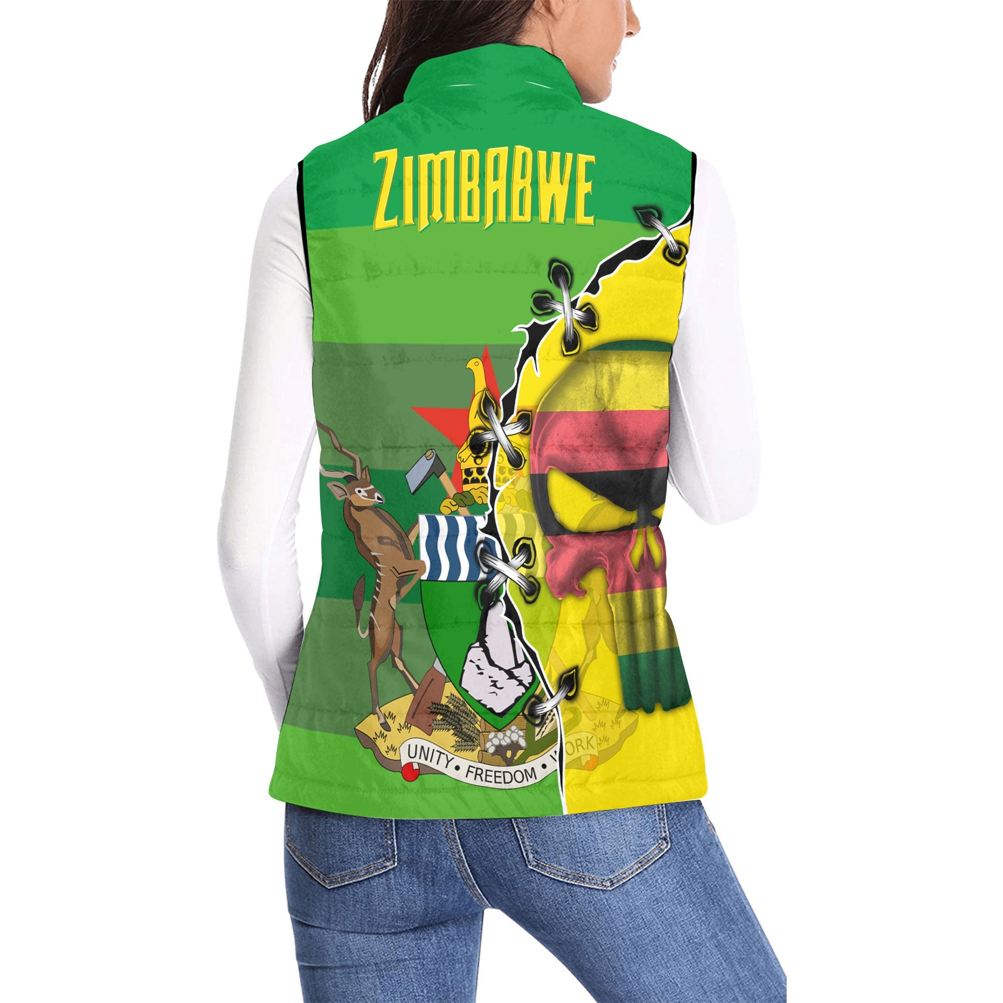 Zimbabwe Women Padded Jacket Vest Flag & Coat Of Arms Skull Style