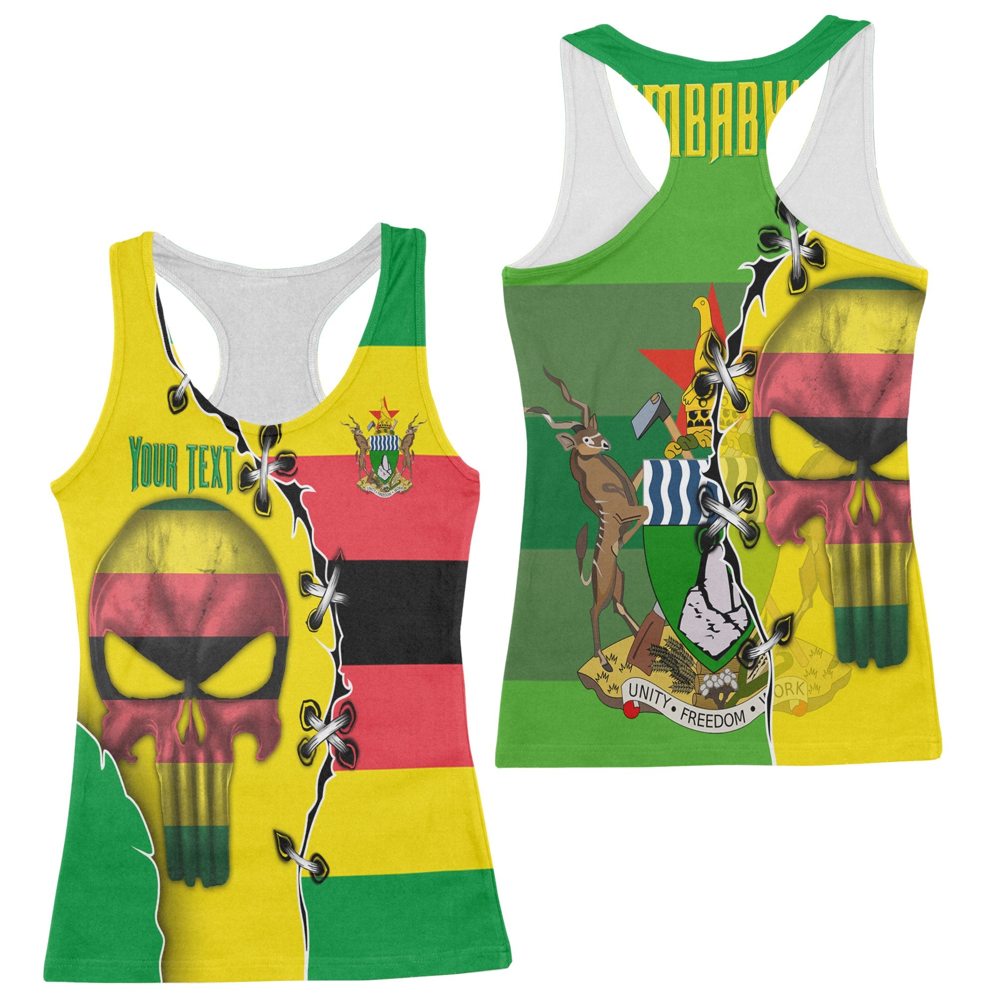 Zimbabwe Women Tank Top Flag & Coat Of Arms Skull Style