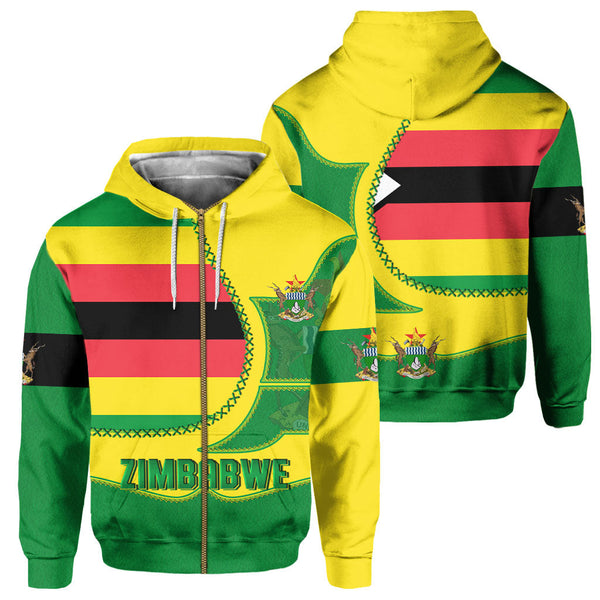 Zimbabwe Zip Hoodie Flag & Coat Of Arms Leather Style