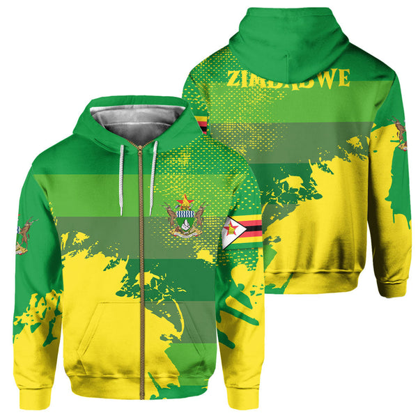 Zimbabwe Zip Hoodie Flag & Coat Of Arms Paint Style