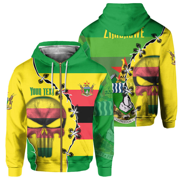 Zimbabwe Zip Hoodie Flag & Coat Of Arms Skull Style