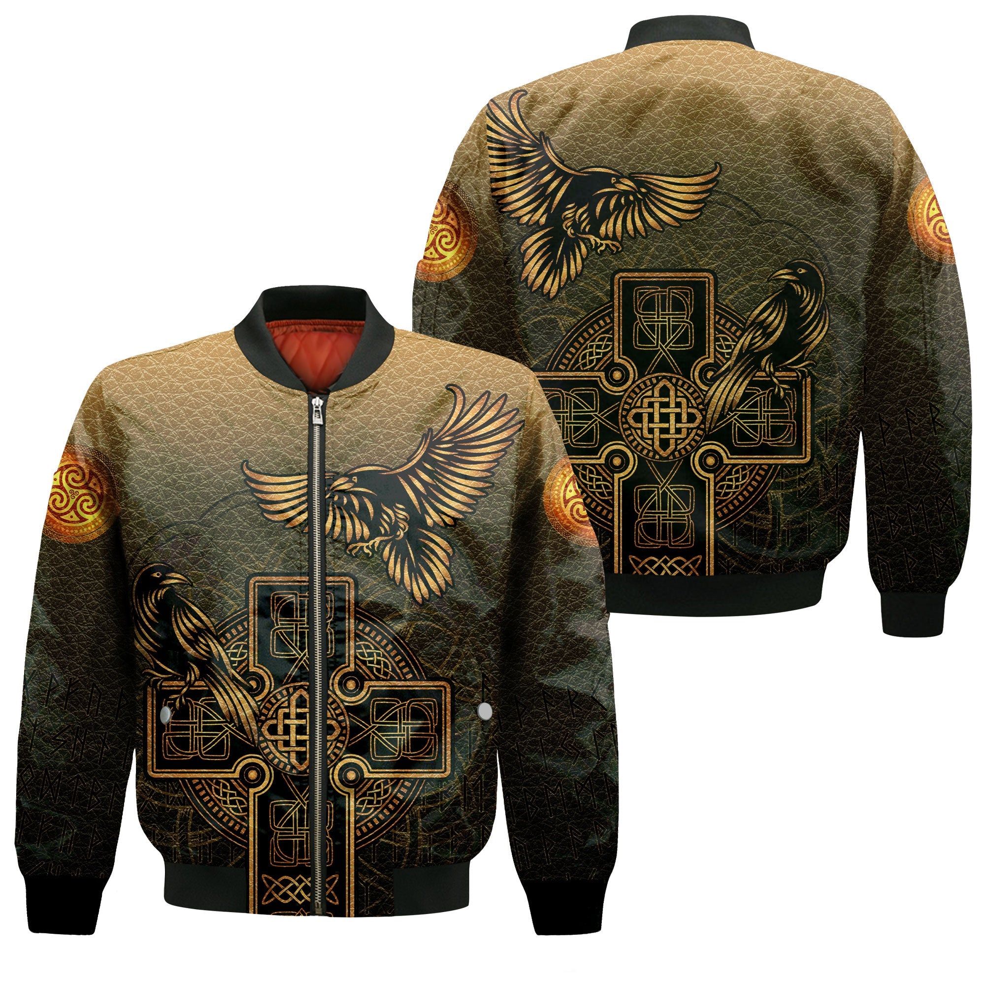 Viking Bomber Jacket Hugin and Munin Gold Leather Background Style Ver01