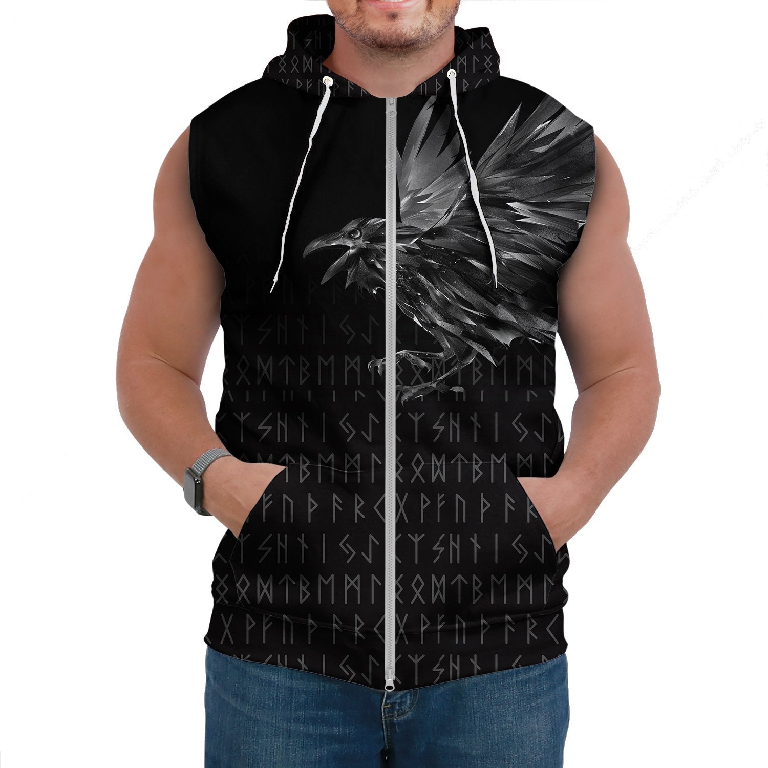 Viking Sleeveless Hoodie The Raven Of Odin Rune