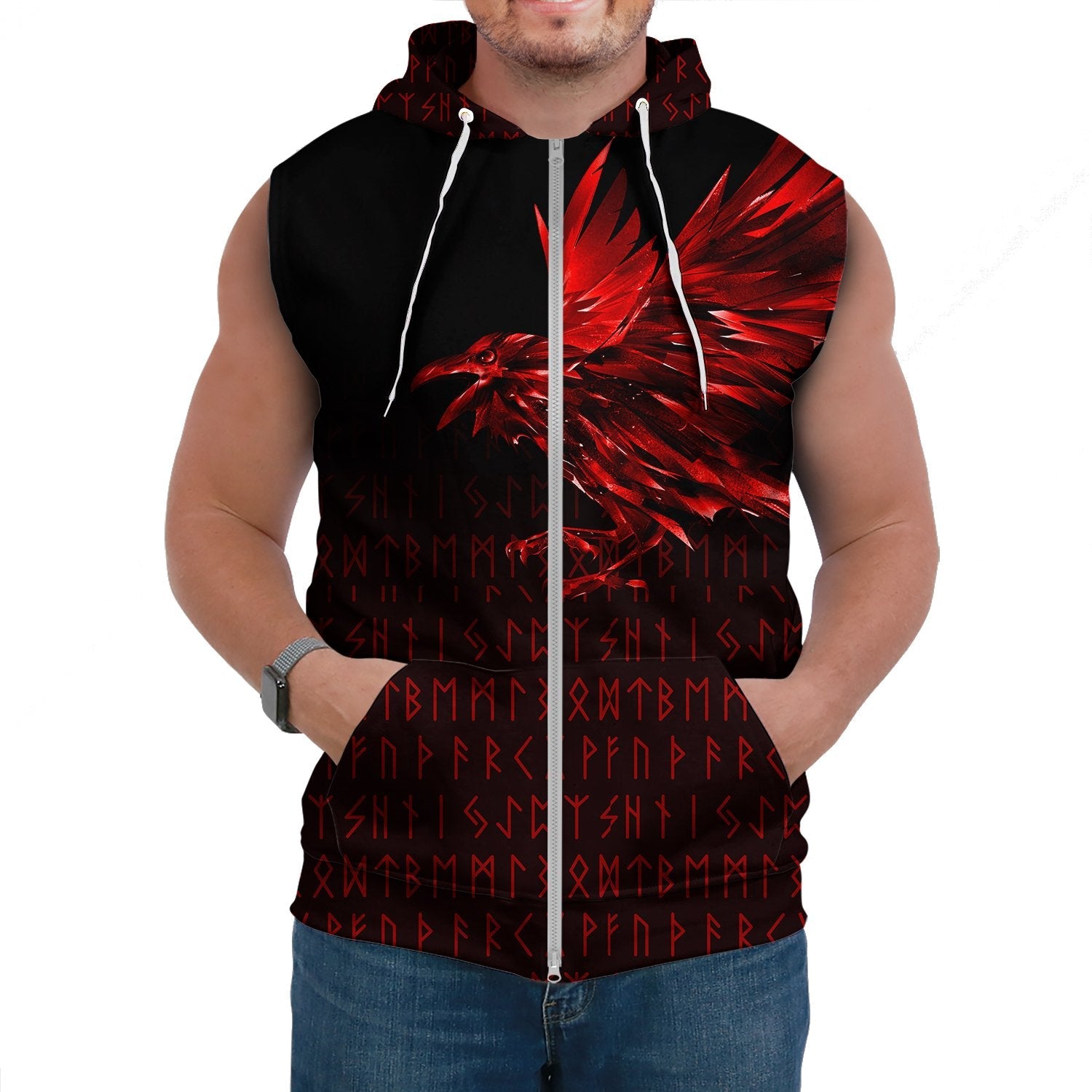 Viking Sleeveless Hoodie The Raven Of Odin Rune Red