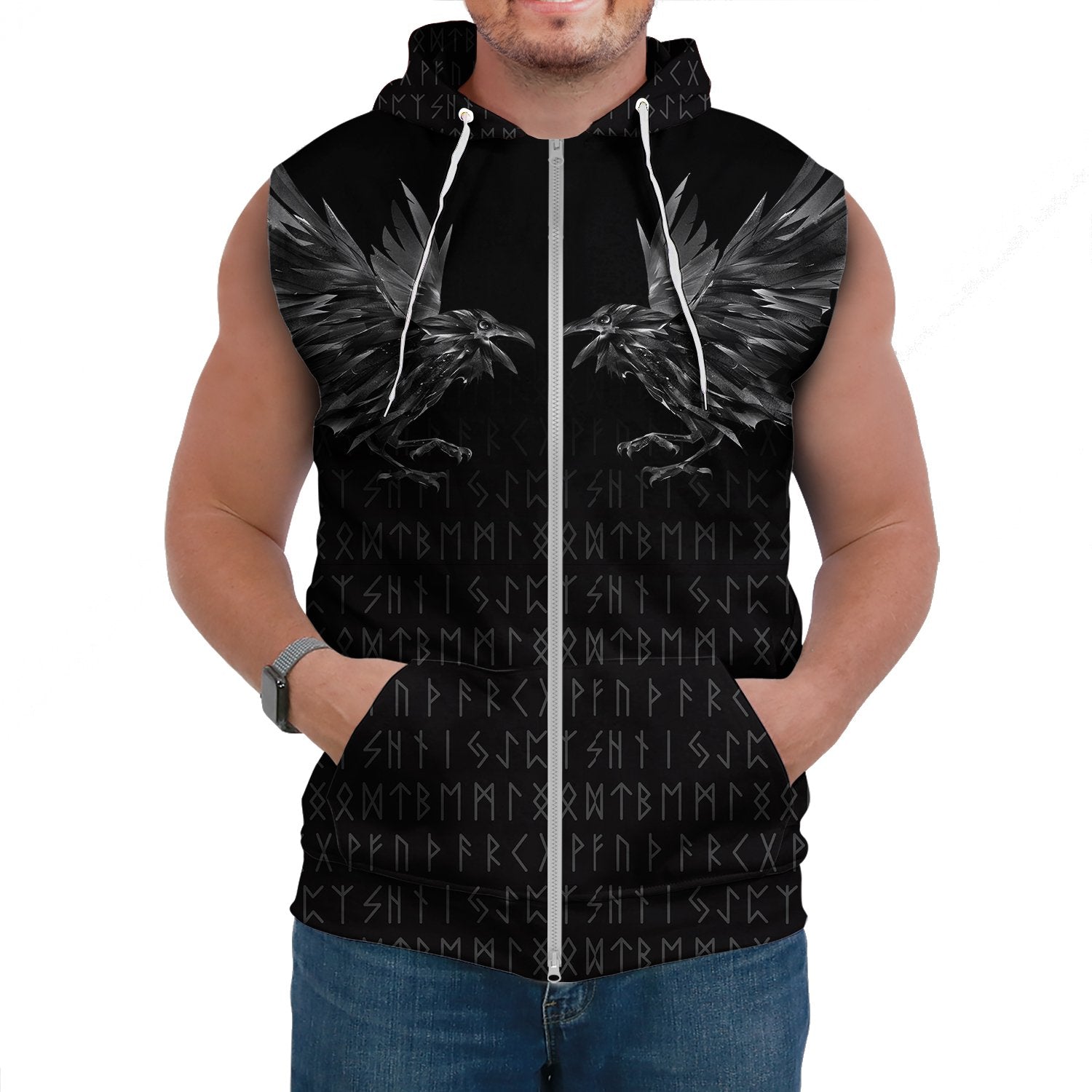 Viking Sleeveless Hoodie Odin Huginn and Muninn Rune