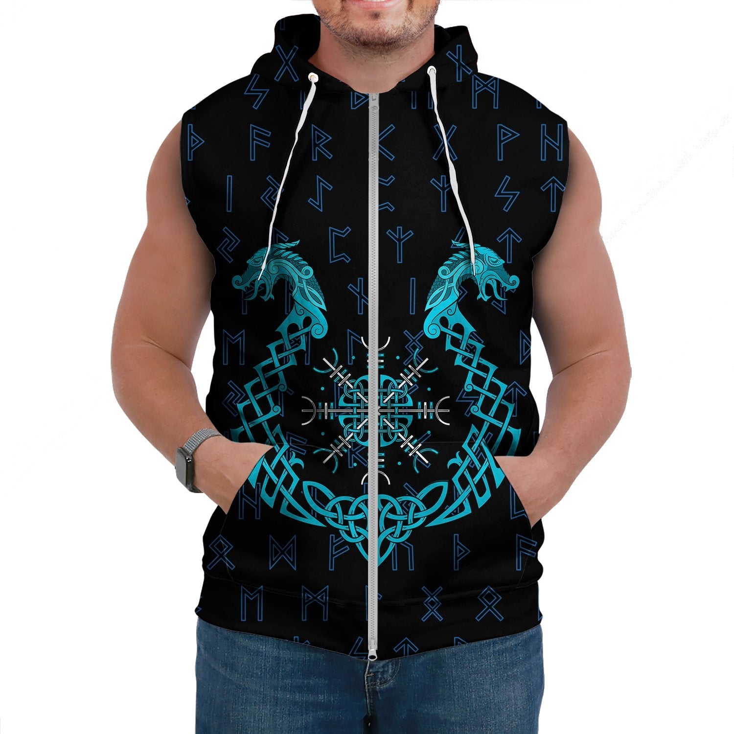 Viking Sleeveless Hoodie Aegishjalmur Helm Of Awe Blue Edition