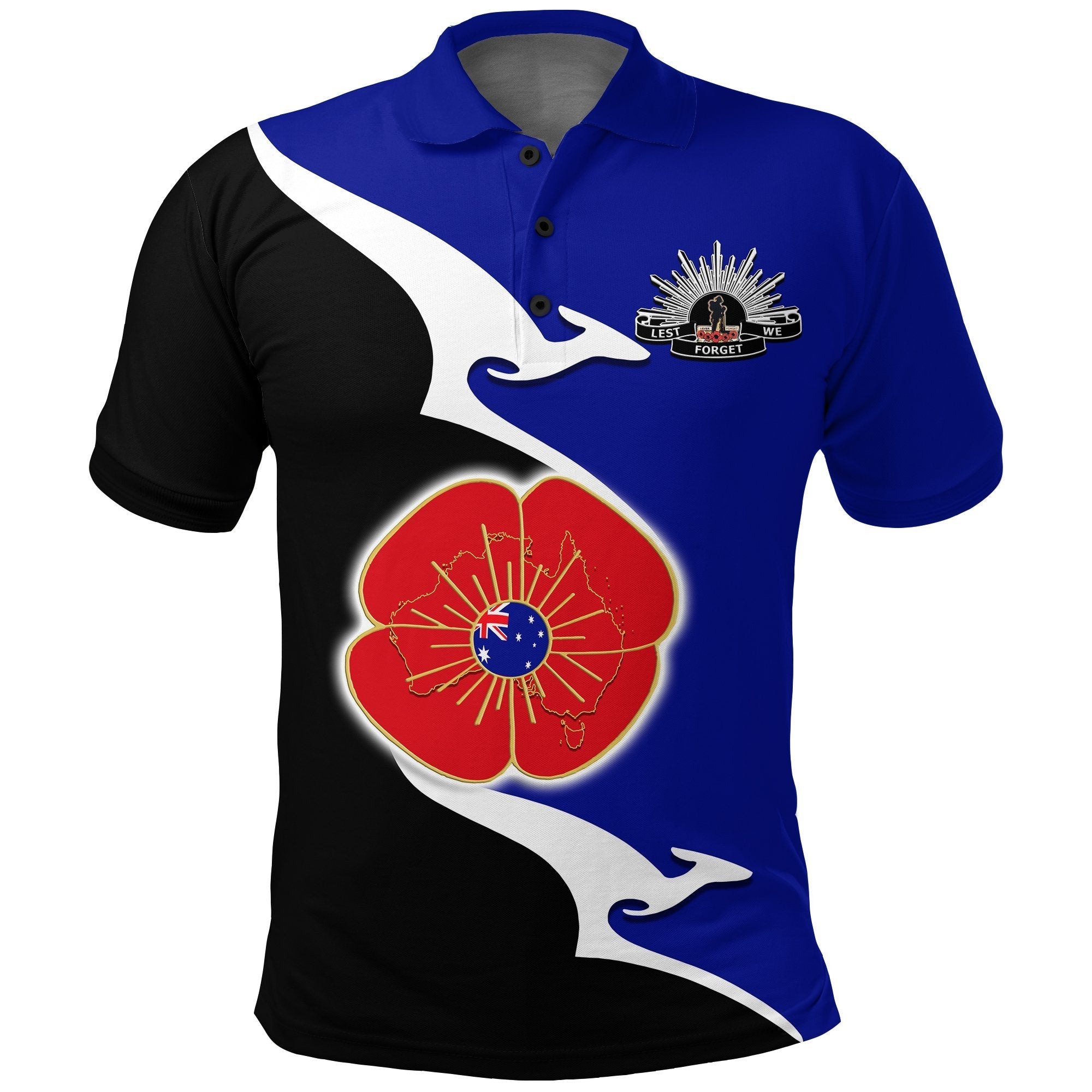 Anzac Polo - Lest We Forget Poppy Map Kangaroo Blue Polo Shirt