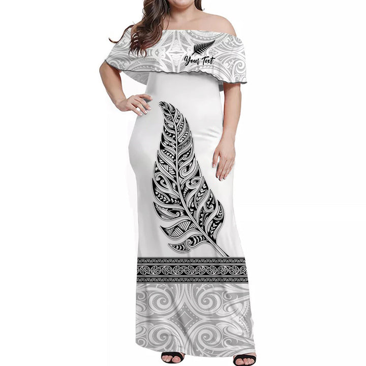 (Custom Personalised) New Zealand Off Shoulder Long Dress Maori Pattern Silver Fern White LT13