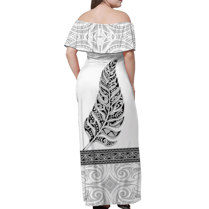 (Custom Personalised) New Zealand Off Shoulder Long Dress Maori Pattern Silver Fern White LT13