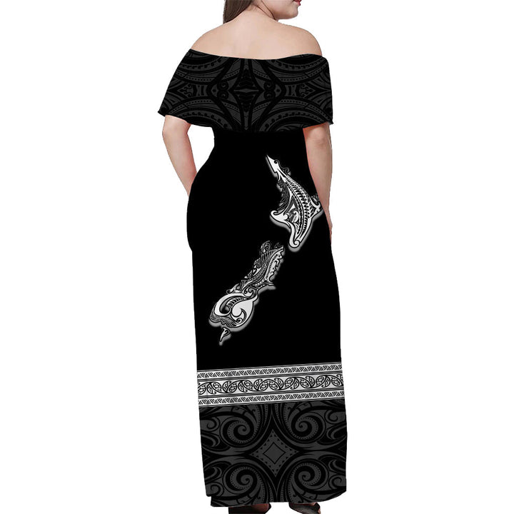 (Custom Personalised) New Zealand Off Shoulder Long Dress Maori Fern and Map Black LT13