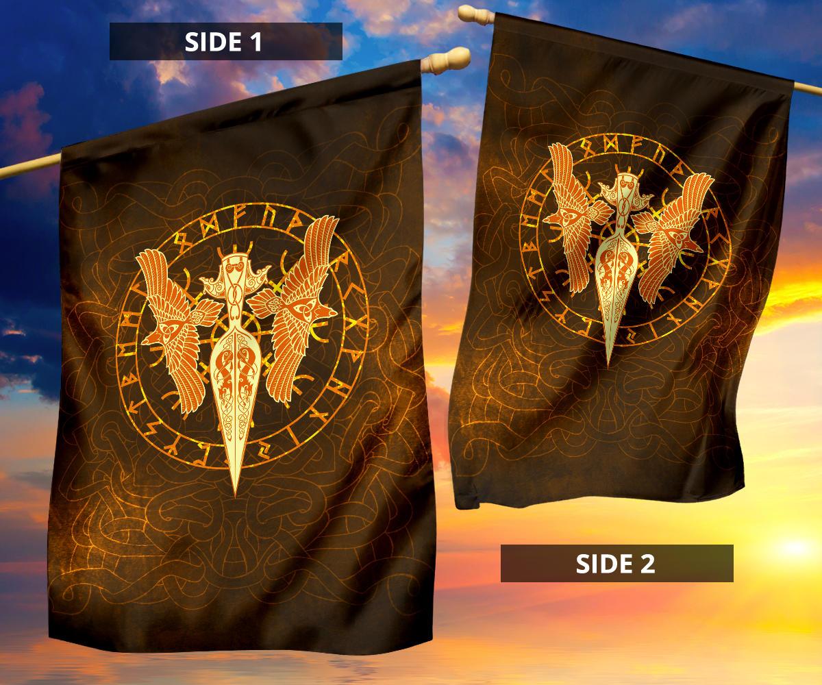 Viking Garden Flag Gold Spear Of The God Odin Gungnir And Two Gold Ravens