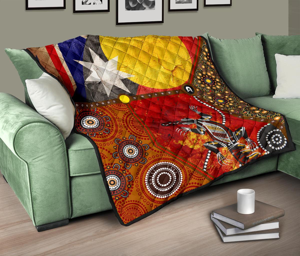 Premium Quilt - Aboriginal Dot Painting & Flags, Crocodile