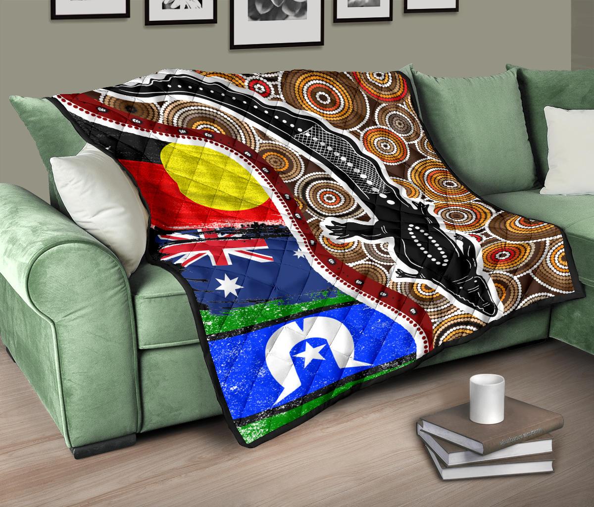 Aboriginal Premium Quilt - Indigenous Crocodile With NAIDOC Flags