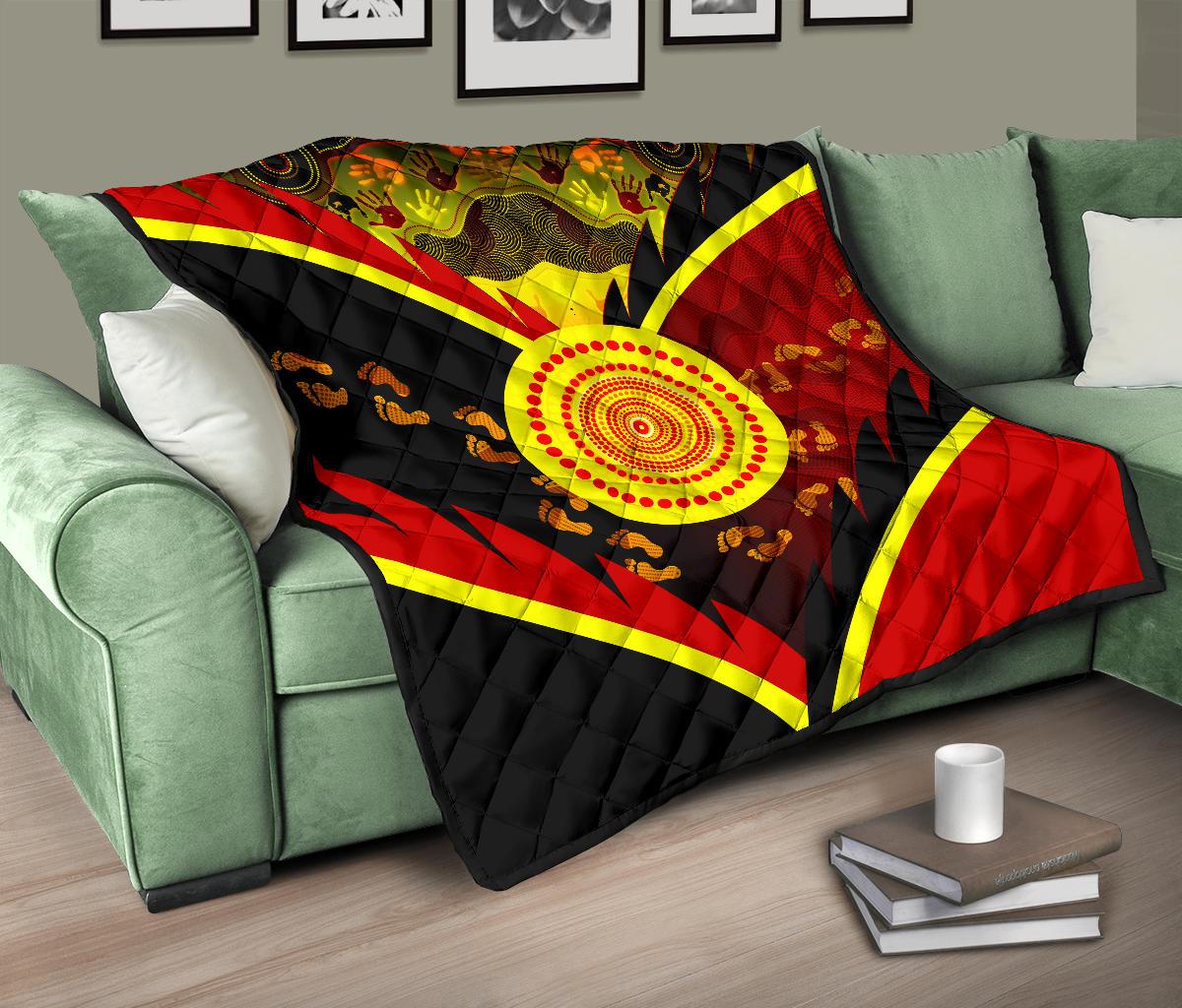 Aboriginal Premium Quilt - Indigenous Flag With Footprint Hand Art