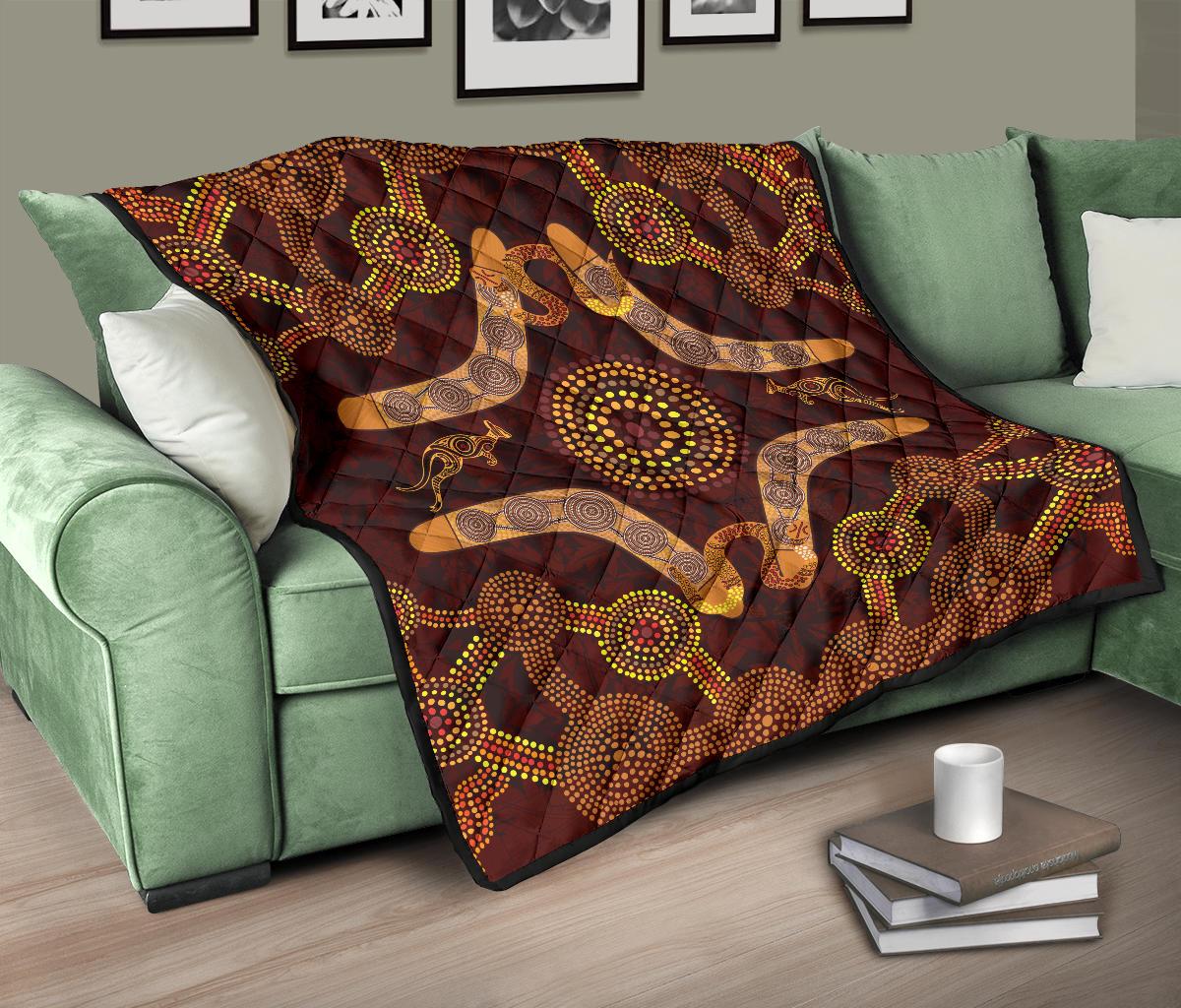 Aboriginal Premium Quilt - Kangaroo, Boomerang And Snake Dot Painting