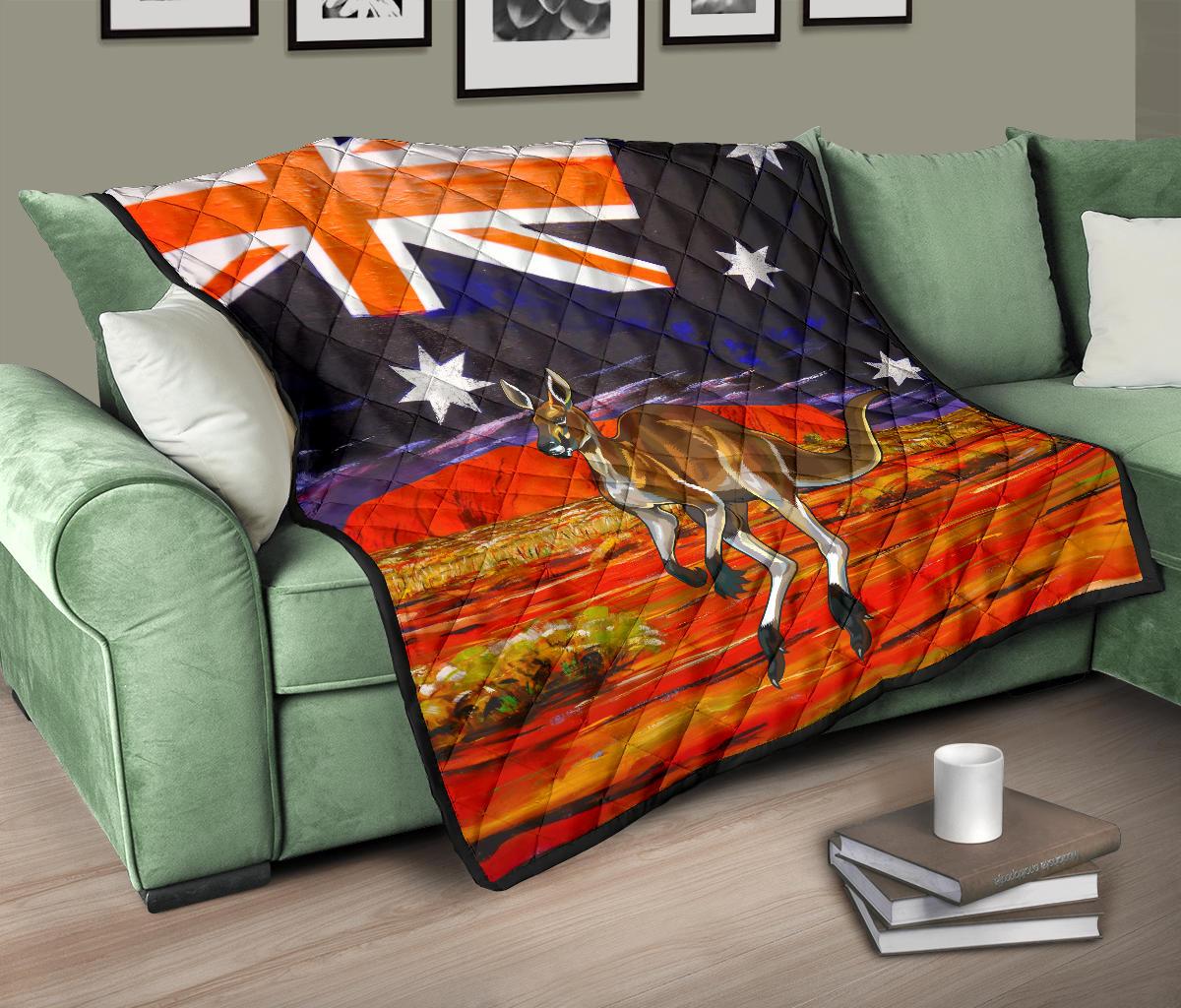 Premium Quilts - Kangaroo Quilts Aus Flag Uluru Landscape Art