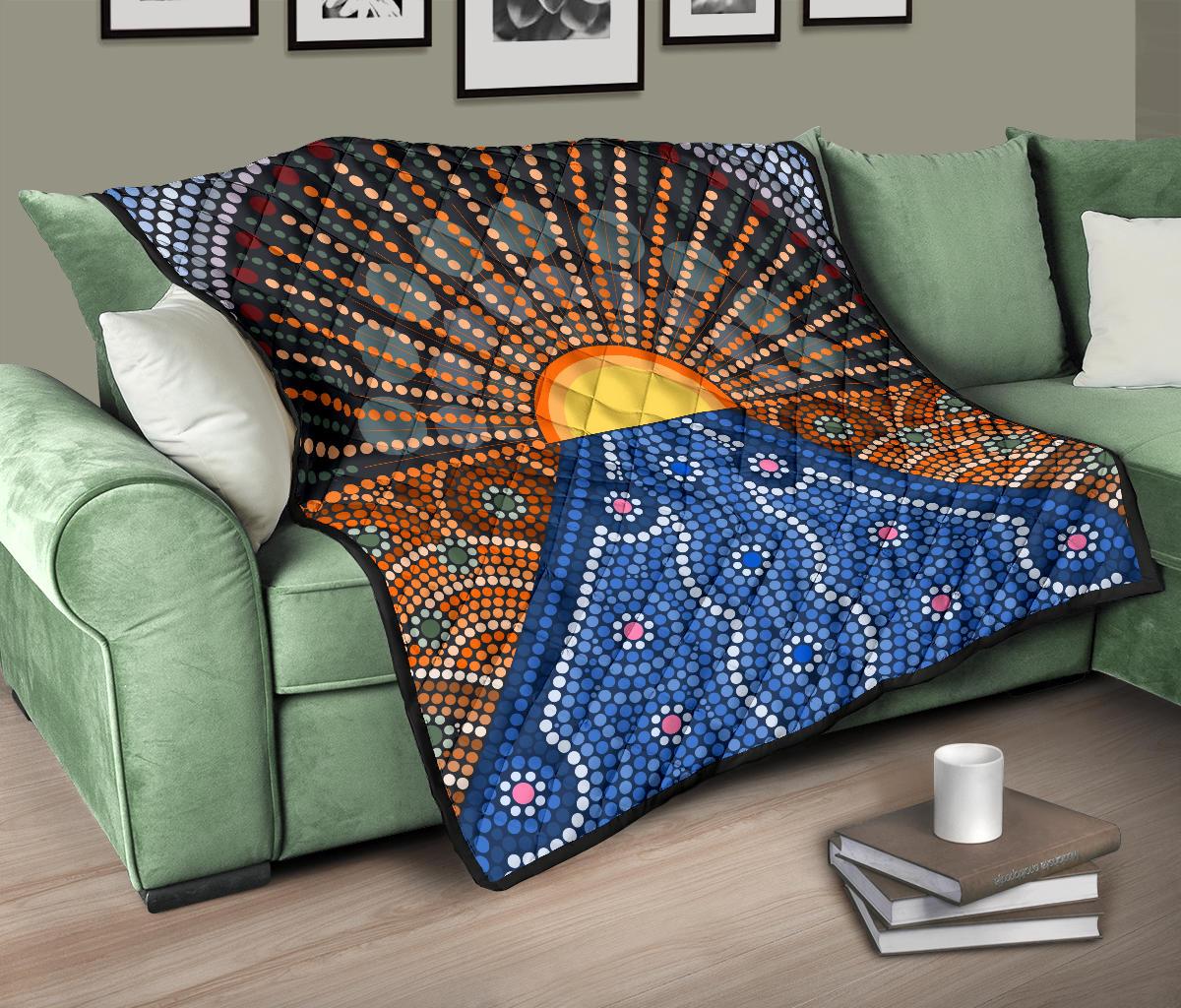 Aboriginal Premium Quilt - Australia Sunrise Dot Painting Art