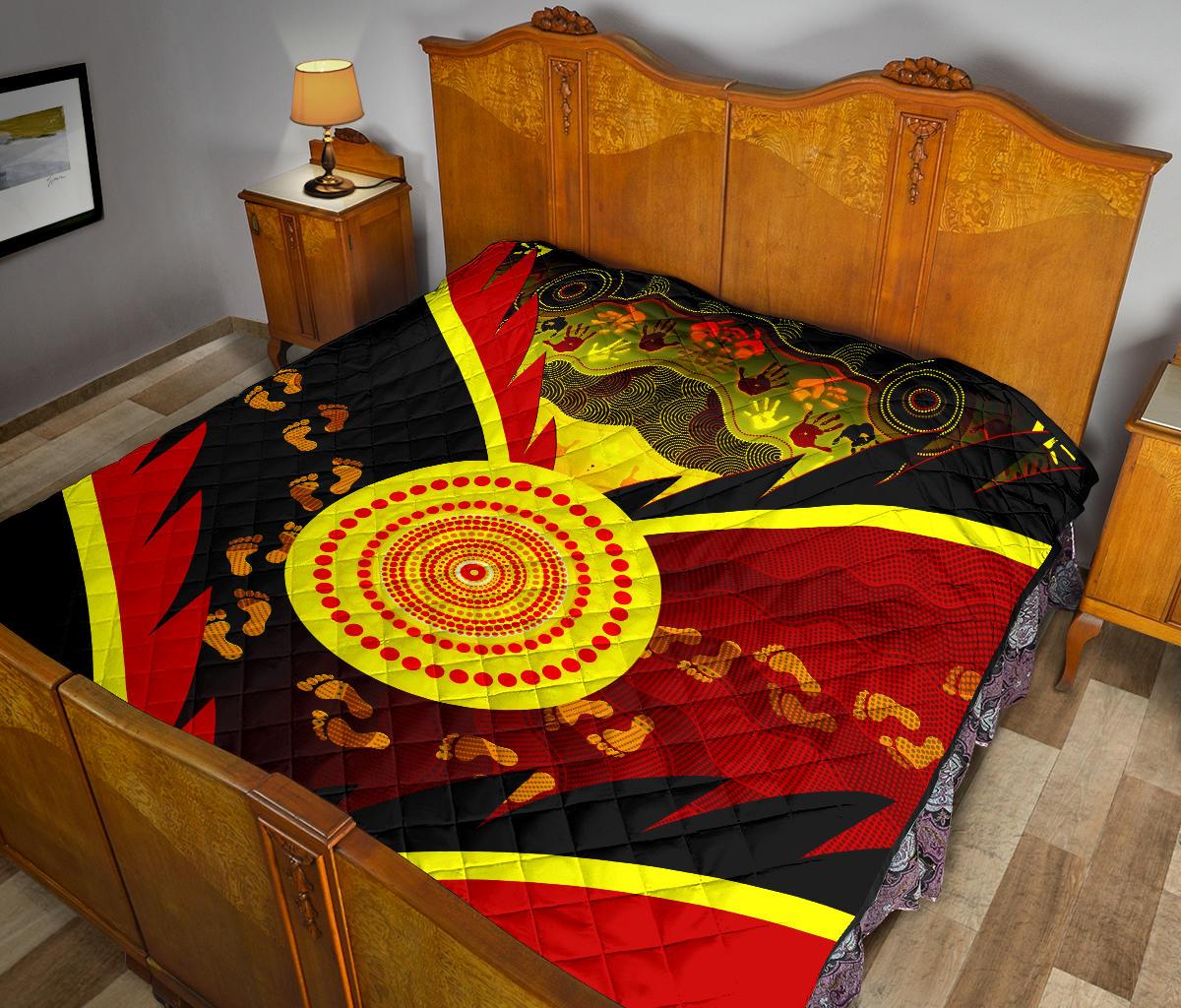 Aboriginal Premium Quilt - Indigenous Flag With Footprint Hand Art