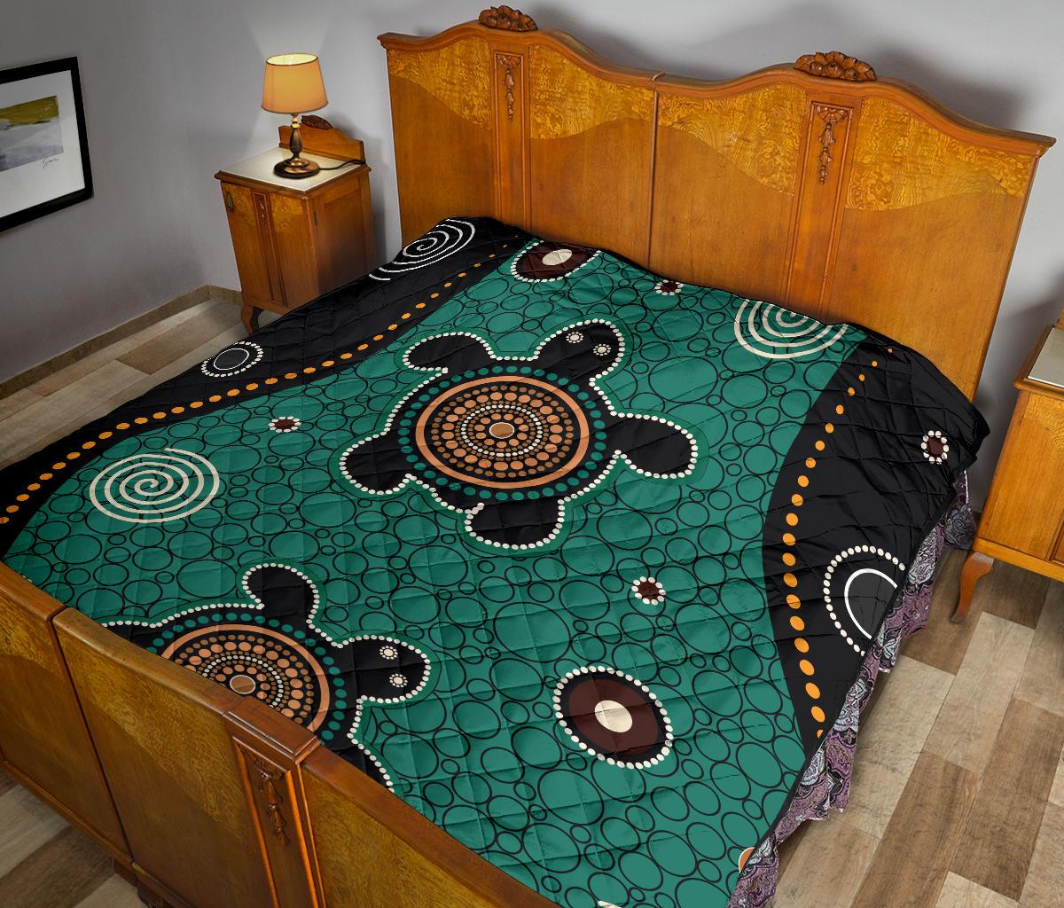 Aboriginal Premium Quilt - Australia Green Turtle Dot Painting Art