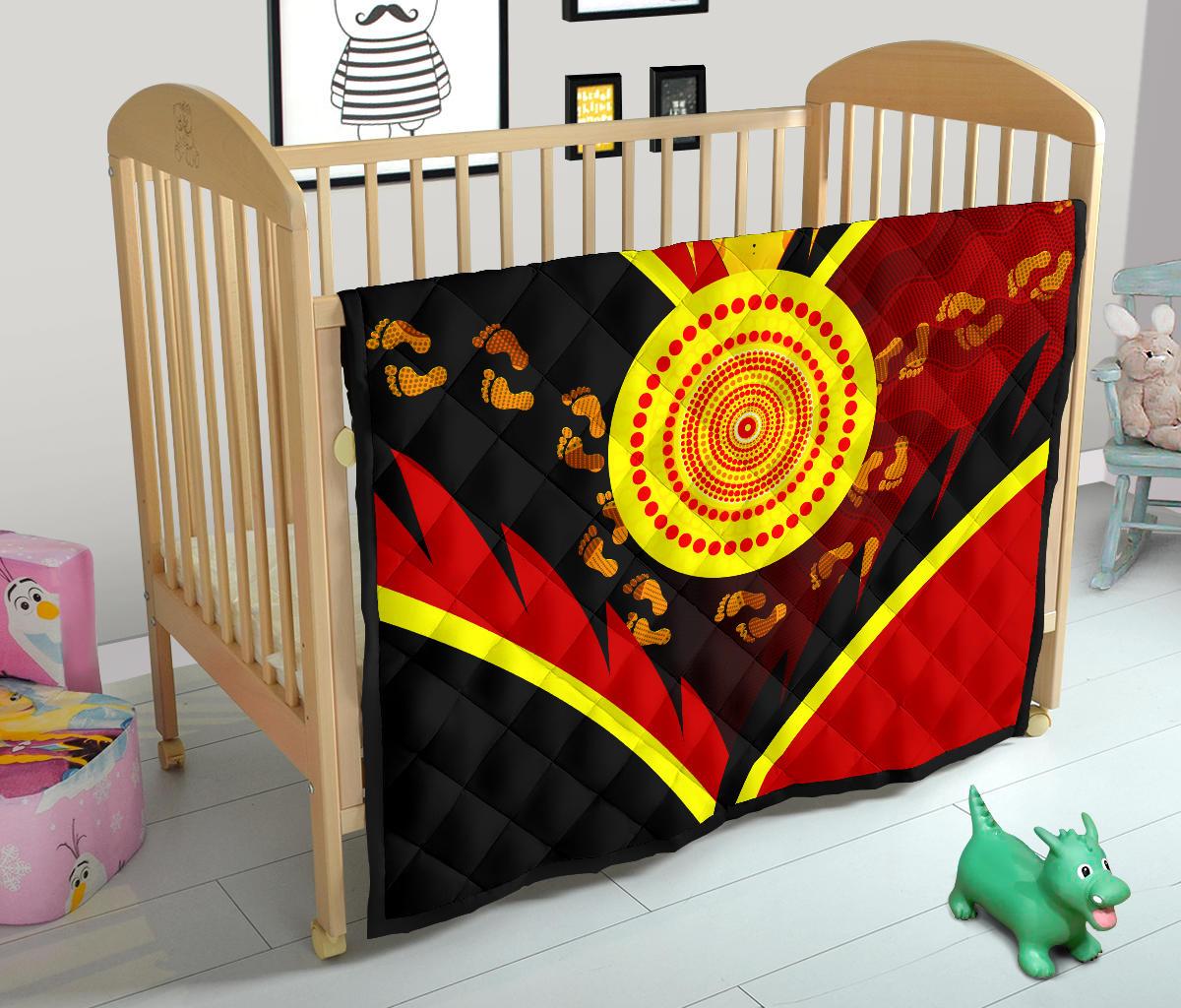 Aboriginal Premium Quilt - Indigenous Flag With Footprint Hand Art