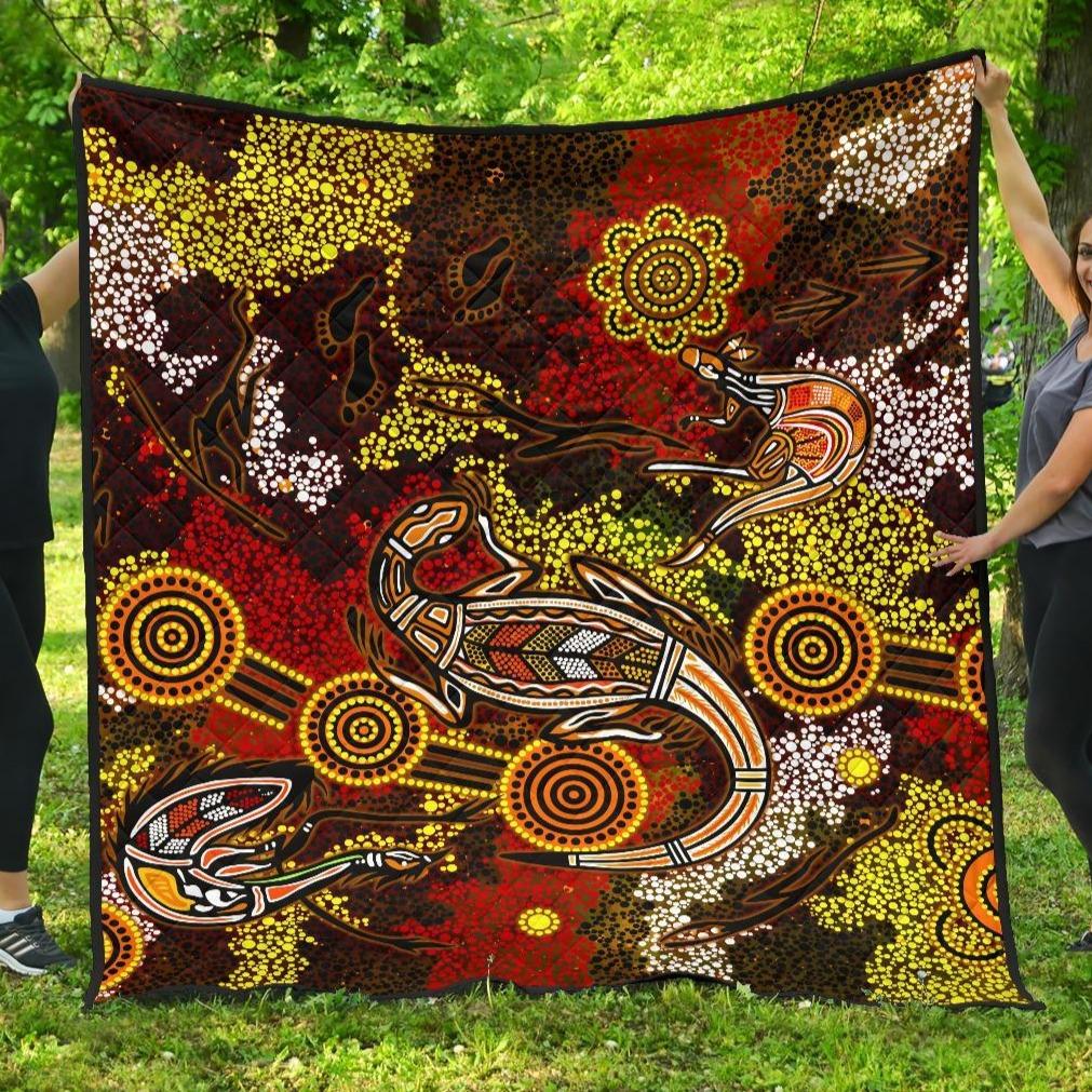 Aboriginal Premium Quilt - Kangaroo and Lizard Dot Painting Art