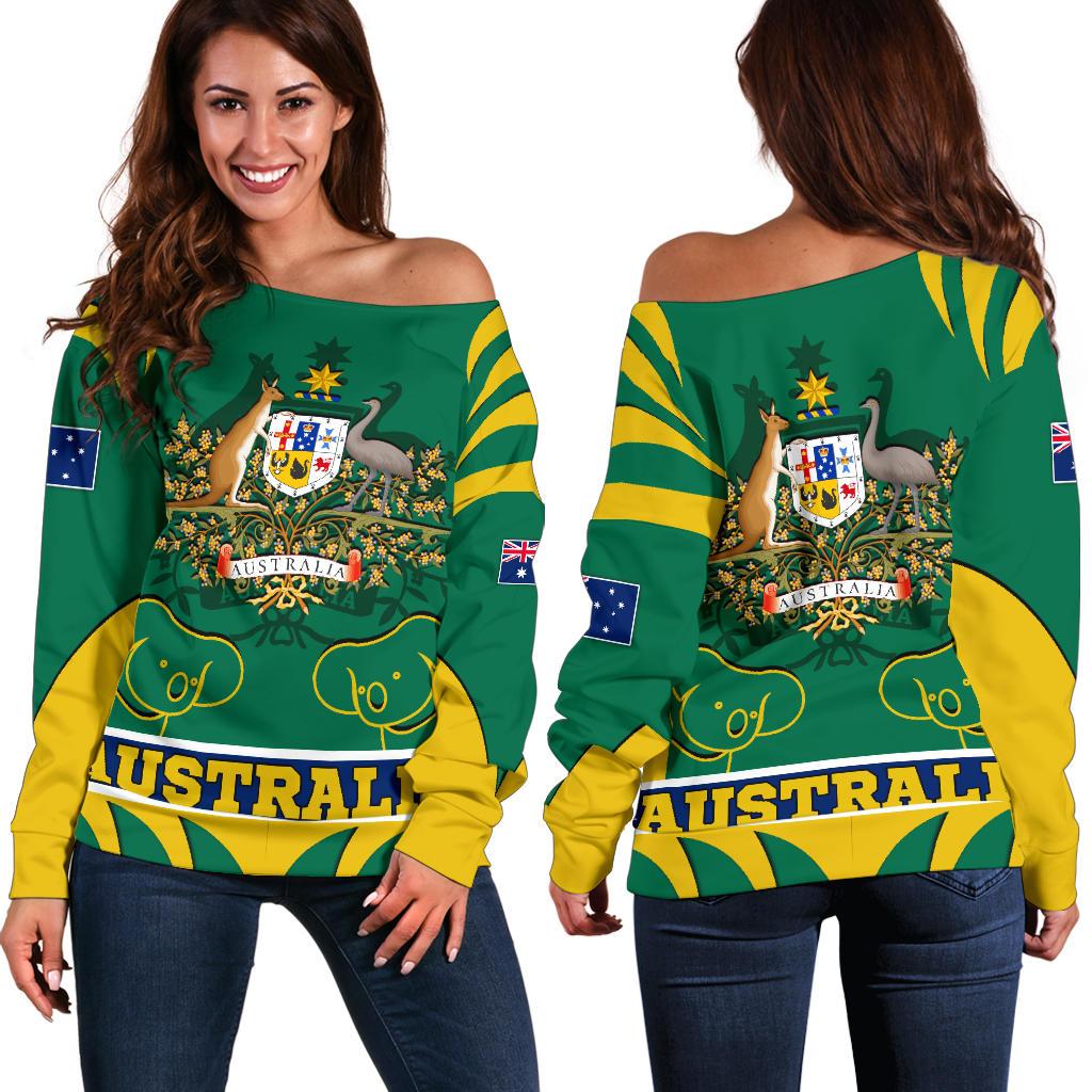 Women's Off Shoulder Sweater - Australian Coat Of Arms Shorts Koala