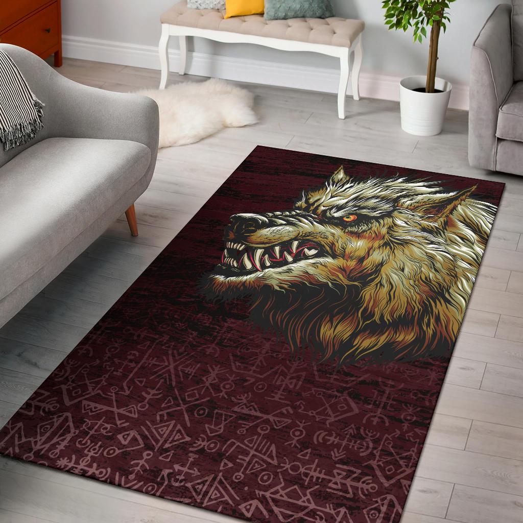 Viking Area Rug Fenrir On The Blood Moon Background